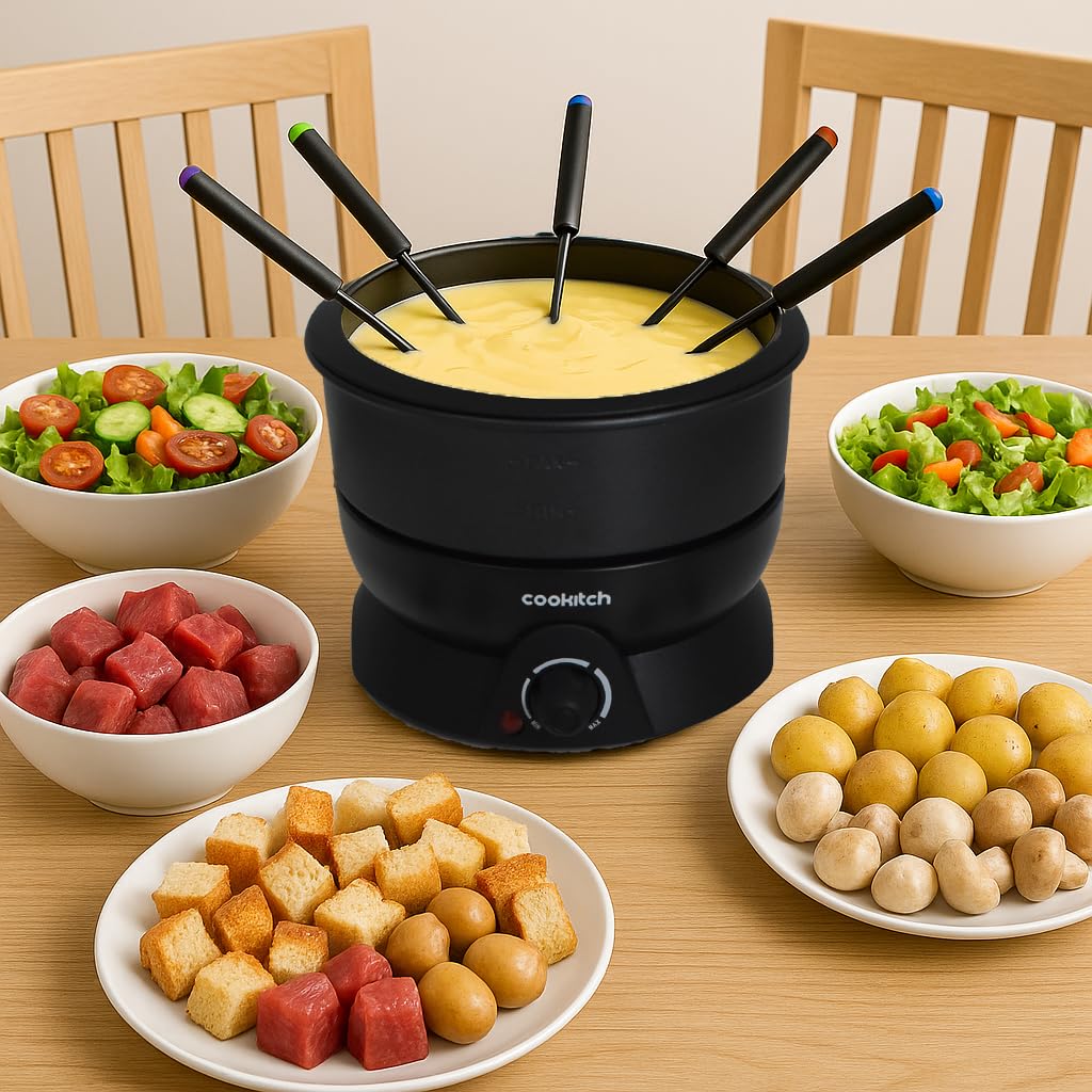 Fondue Eléctrico para 6 Personas, Fondue para Queso, Chocolate, Carne, Caldo y Más, Capacidad de 1.3L, Antiadherente, Termostato Regulável
