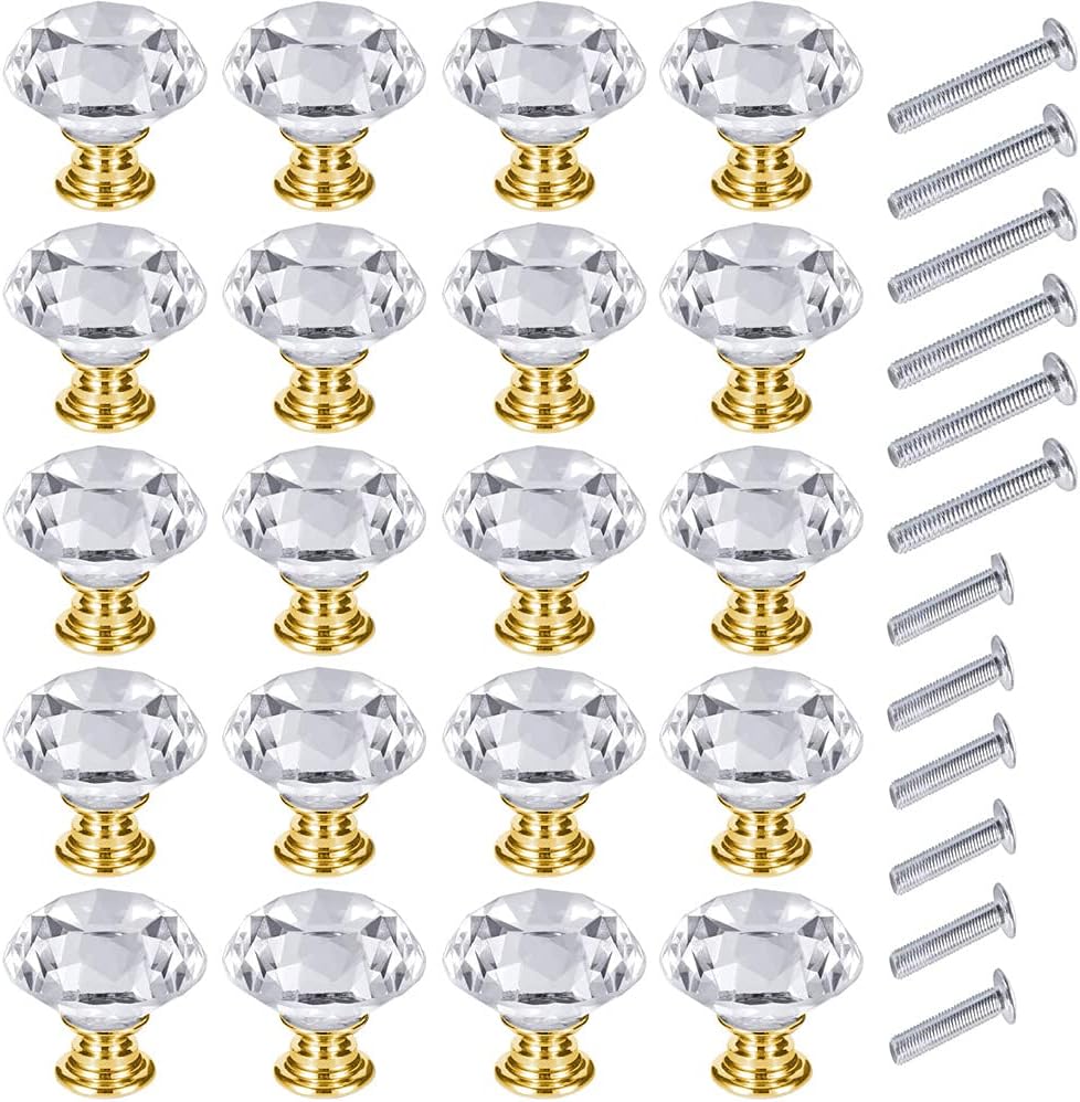 InFreesh 20Pcs Crystal Door Knobs 30mm Glass Drawer Knobs Crystal Door Handles Diamond Pulls with Screws for Home Kitchen Office Chest Cabinet Drawer Decorating (20 Gold)