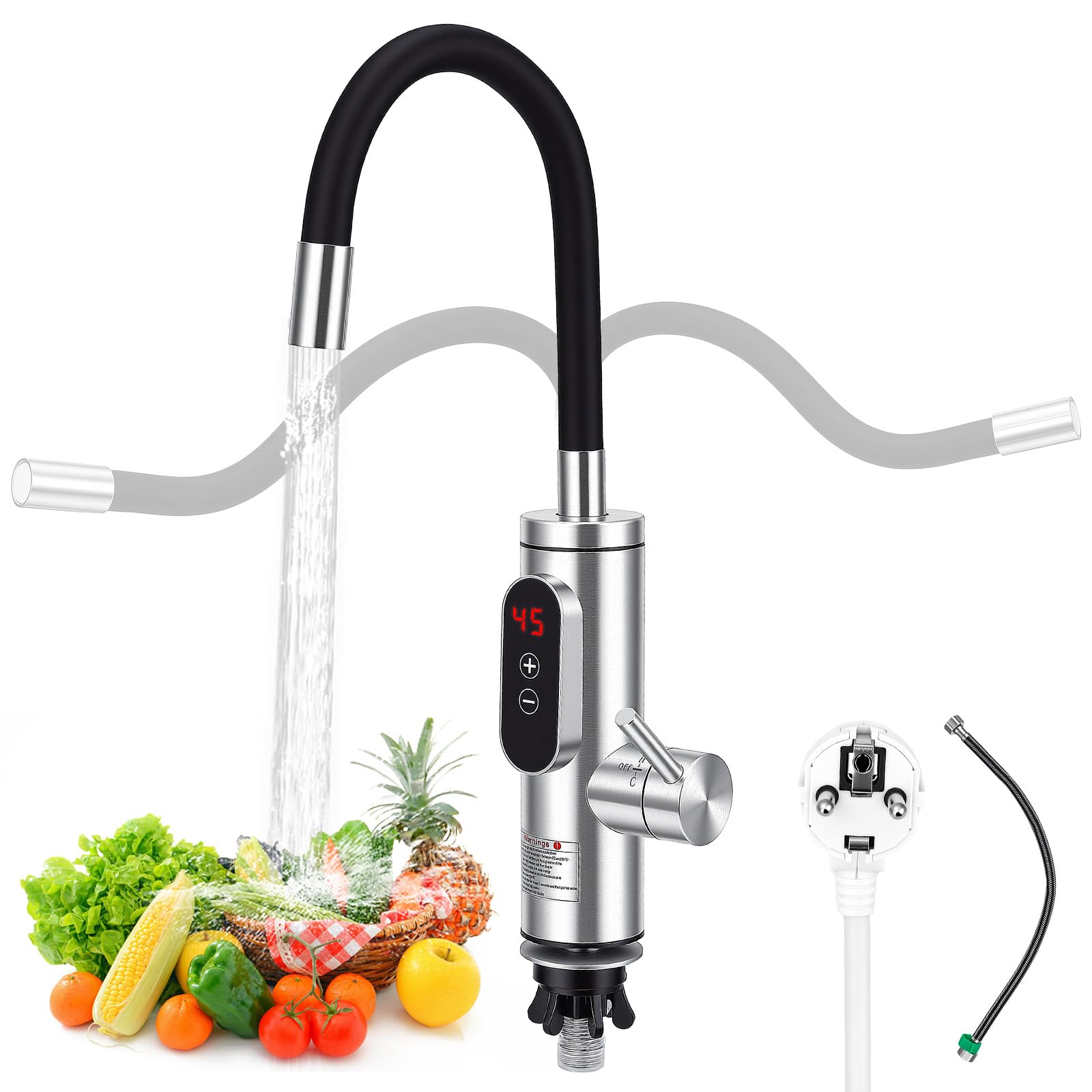 Robinet Chauffant Électrique Сhauffe-Eau,3300W Cuisine Robinet Chauffant, Acier Inoxydable Mitigeur électrique avec LED Température, rotation à 360°, 3S chauffe rapide,Chaude et Froide Réglable
