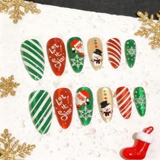 Christmas Press on Nails Almond Nails Press on Medium False Nails with Santa Claus Design Glossy Cat Eye Glue on Nails Red Green Lines Acrylic Nail Xmas Winter Fake Nail for Women Manicure 24Pcs
