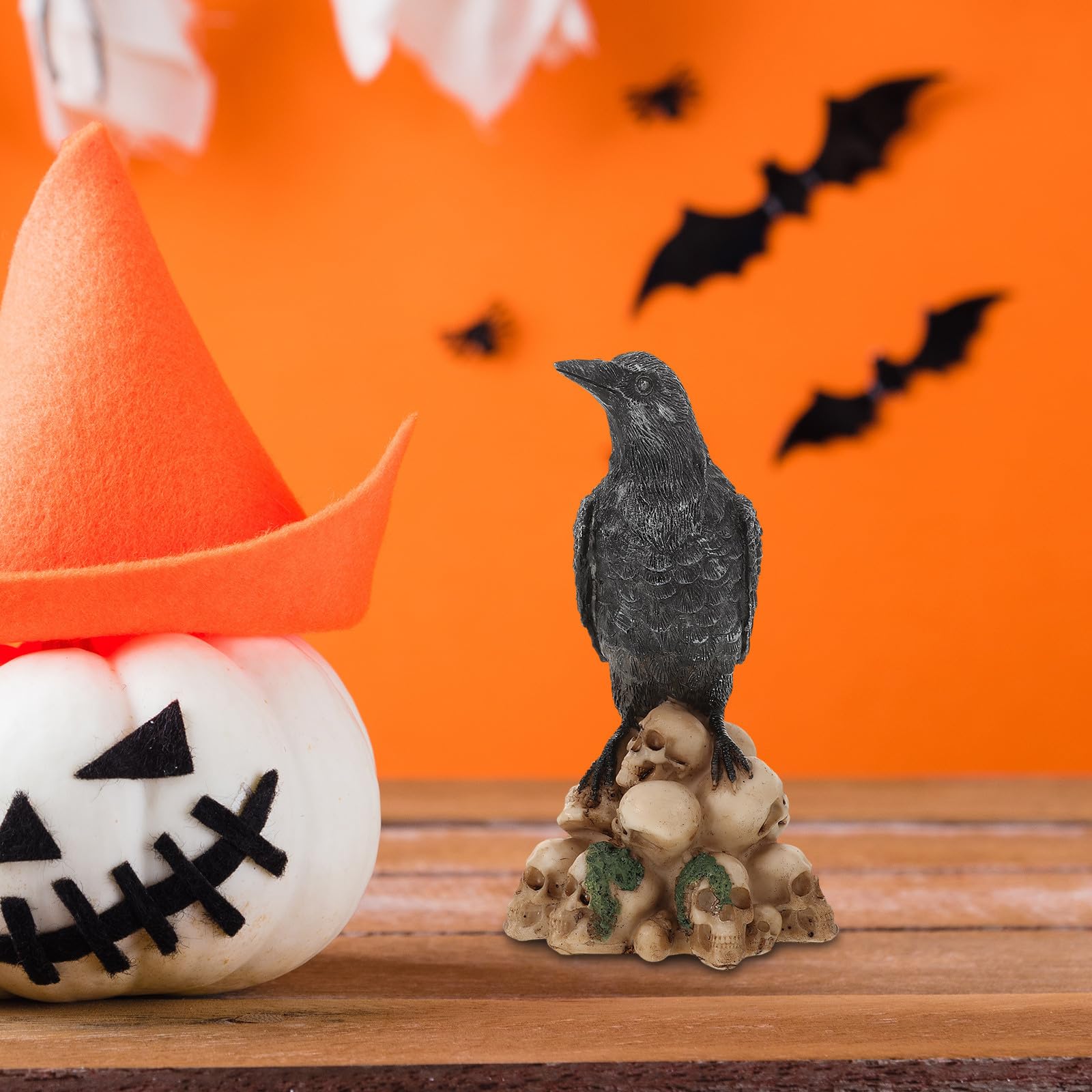 Uonlytech 3 Pezzi Statua Decorativa di Halloween in Resina con Teschio Nero, Gatto e Corvo Realistici, Resistente All’usura, per Decorazioni Tavolo Festa di Halloween