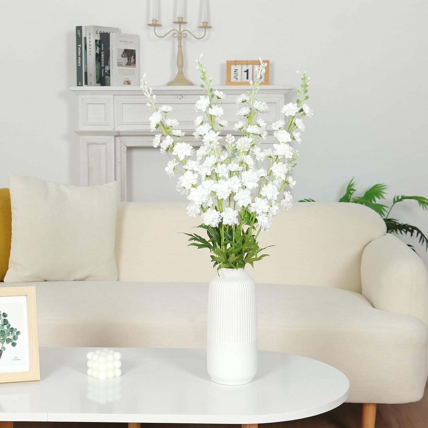 TOCHGREEN 4PCS Delphinium Artificial Flowers White Larkspur Artificial Flowers 33.5'' Long Stem Plant Faux Floral Silk Flowers Fake Flowers with Stems for Home Garden Vase Wedding Arrangement Decor - Image 5