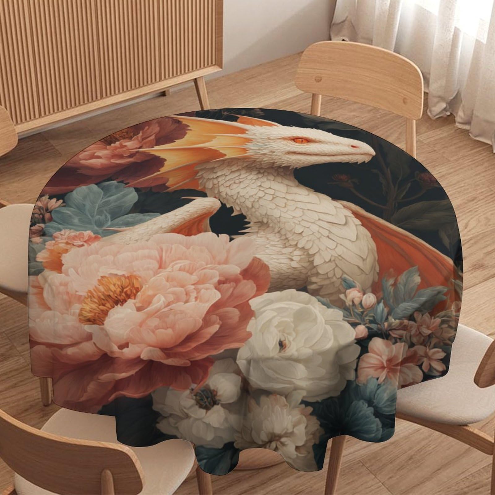 LUYYSKY Rustic Abstract Cute Dragon Waterproof Round Tablecloth Vintage Romantic Fantasy Animal Dragons Plants Flowers Print Washable Table Cover for Kitchen-127 Wx127 L cm