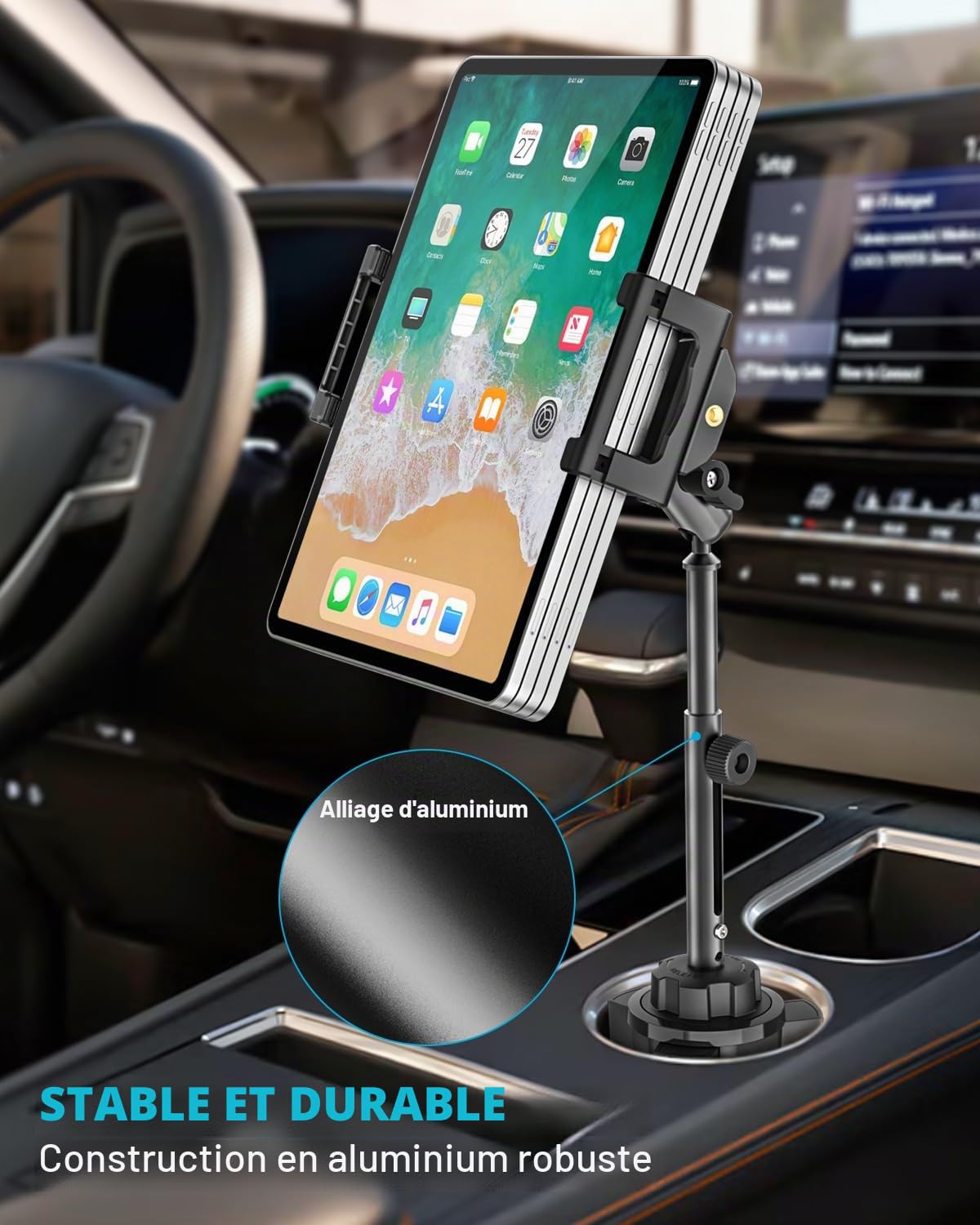 Support Tablette Voiture Gobelet pour 6,1 à 15,6 Pouce iPad [Bras Extensible Robuste] Support Tablette Porte Gobelet Camion pour iPad Pro 13 12.9 11 Air Mini, iPad 10.9, Galaxy Tab A9+, iPhone