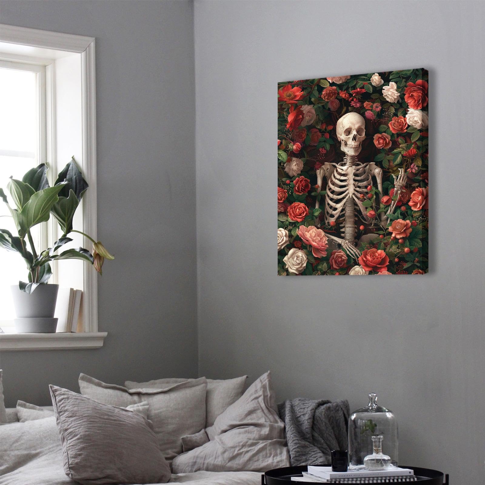 Via Vela Peinture sur toile sur le thème d’Halloween romantique rose et rouge Rose fleur jardin drôle squelette impression affiche art mural pour lessive décor 30x40cm Cadre intérieur