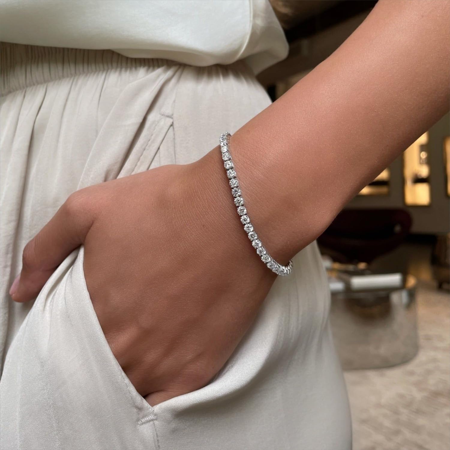2pcs Tennis Silver Bracelet and Necklace Set - Platinum Plated Diamond Delicate Adjustable Slider Bracelet & Choker Necklace - Women's Fashion Jewelry