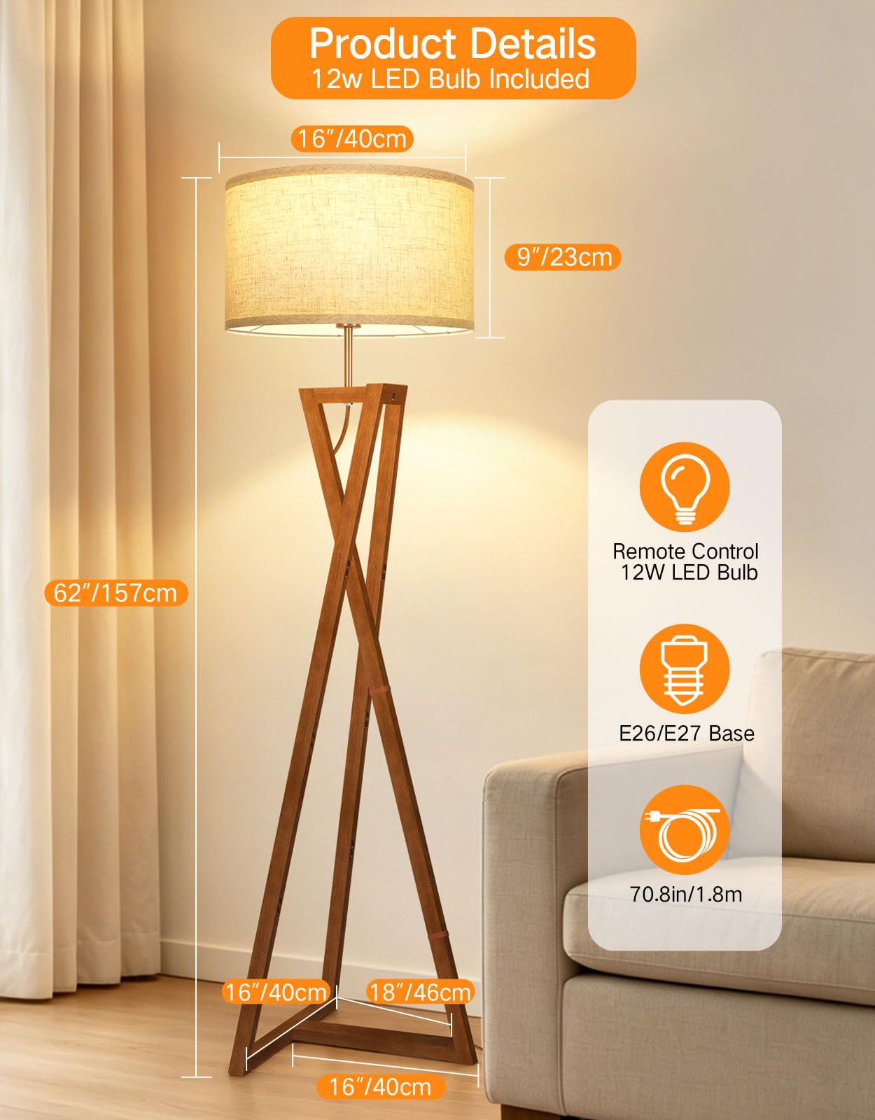 OUTON Holz Stehlampe mit Fernbedienung, Dimmbar, Schlafzimmer, Braun | 1100LM LED, stufenlos dimmbar, Leinen Lampenschirm, Massivholz, 5 Lichtmodi, Timer, Memory Funktion