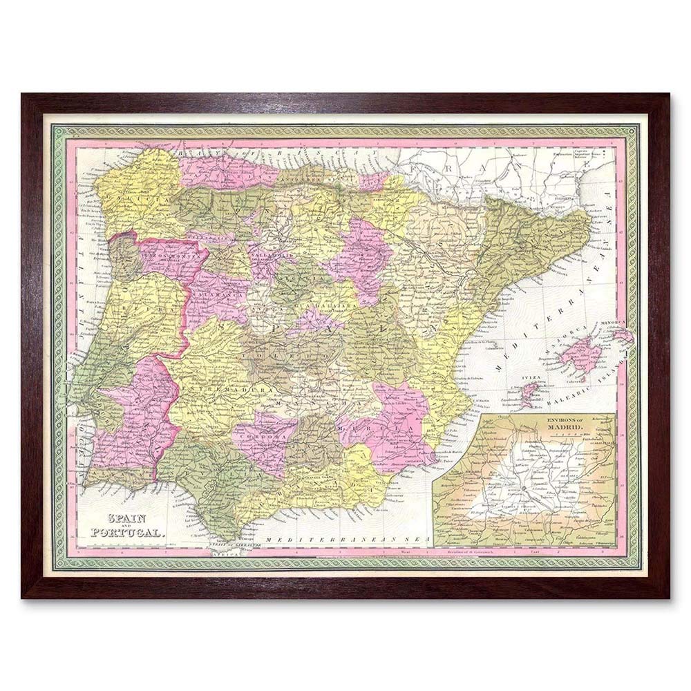 Wee Blue Coo 1850 Mitchell Map Spain And Portugal Vintage Art Print Framed Poster Wall Decor 12X16 Inch