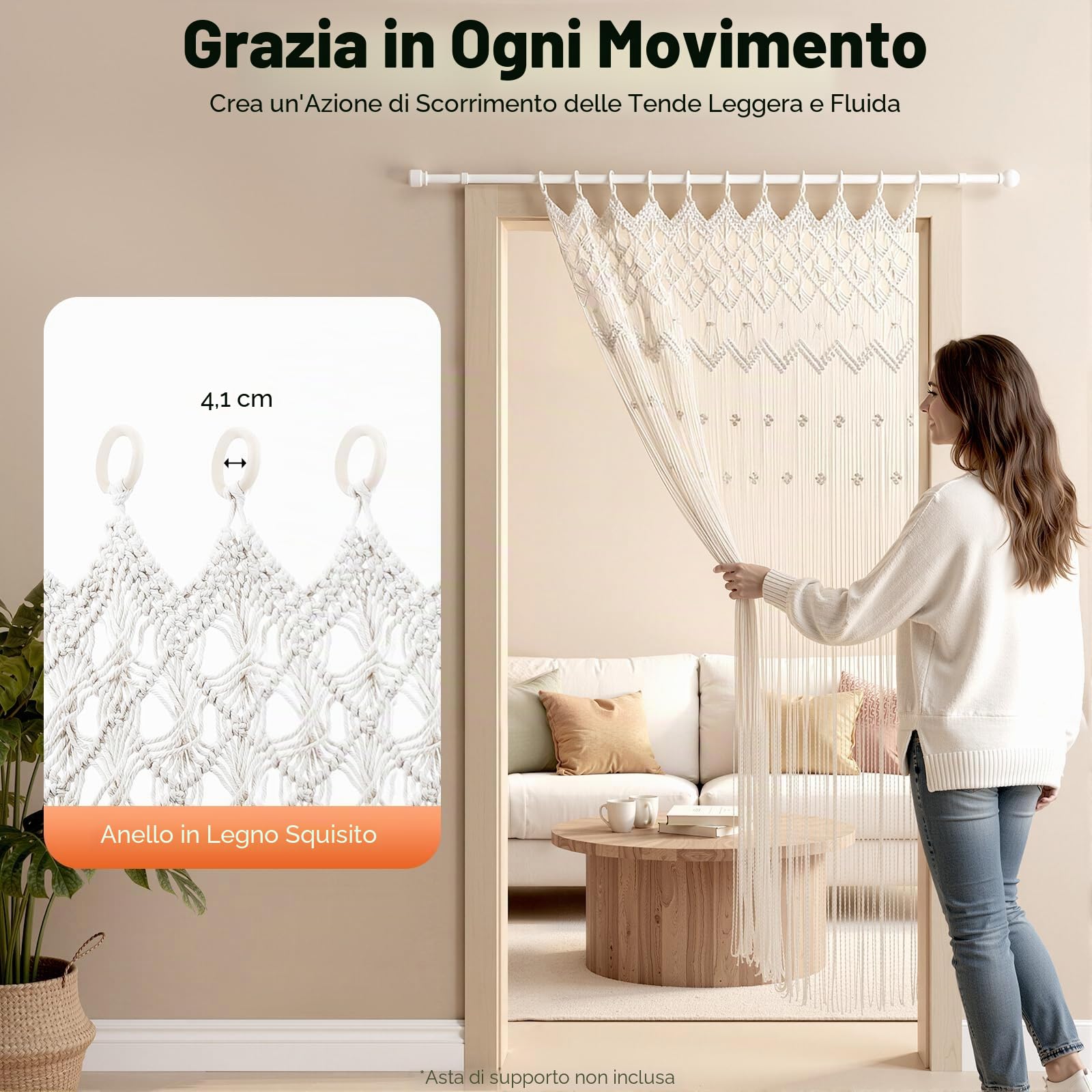 Tenda in macramè con anelli in legno, tenda per porta di 120 x 195 cm, tende a fili densi in cotone, tende per armadio, stile bohémien, decorazione murale con cordino in cotone, bianco, per