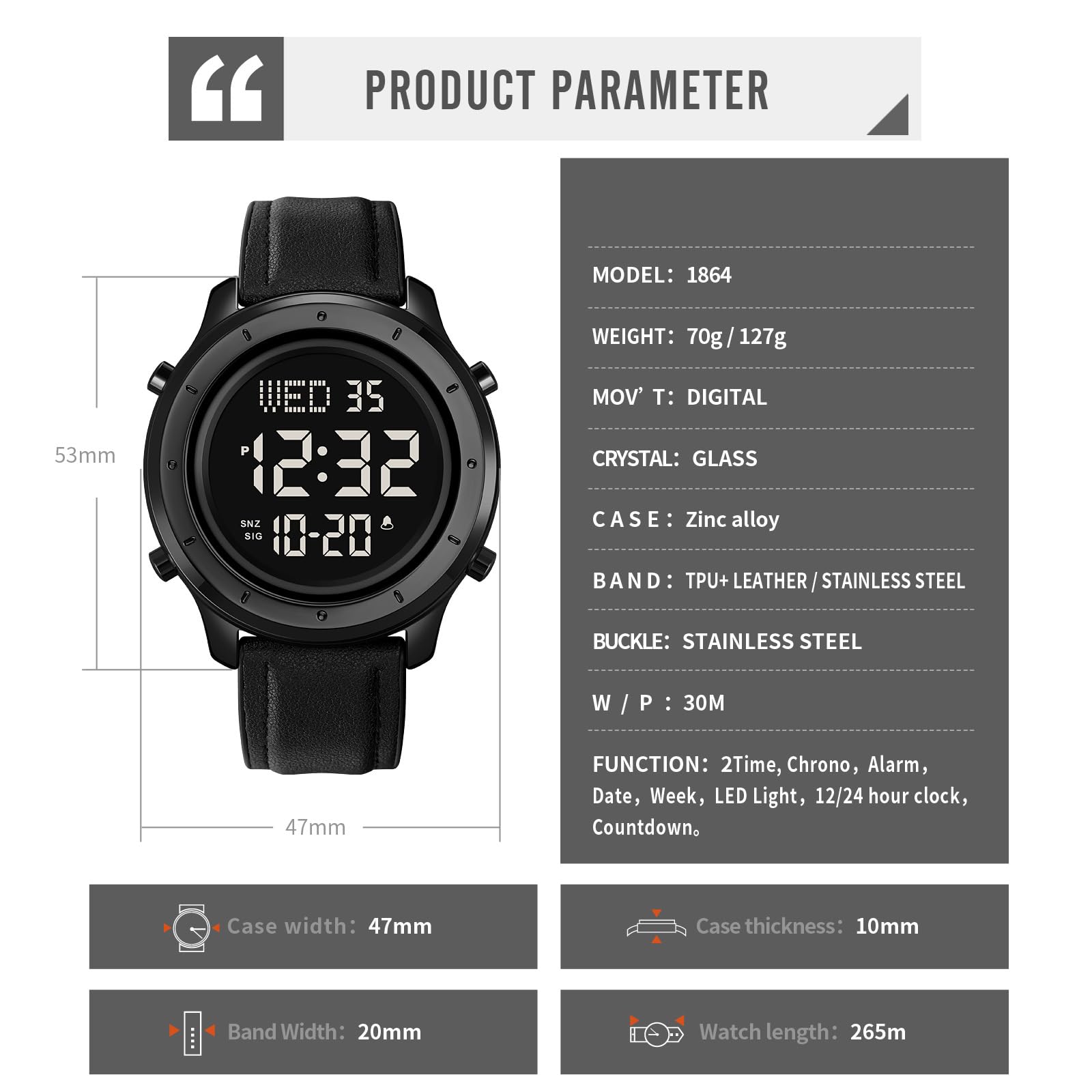 Gosasa Orologio da uomo digitale multifunzione a LED con cinturino in pelle orologio da polso sportivo per uomo orologio da polso con data sveglia casual orologio da uomo in acciaio inossidabile