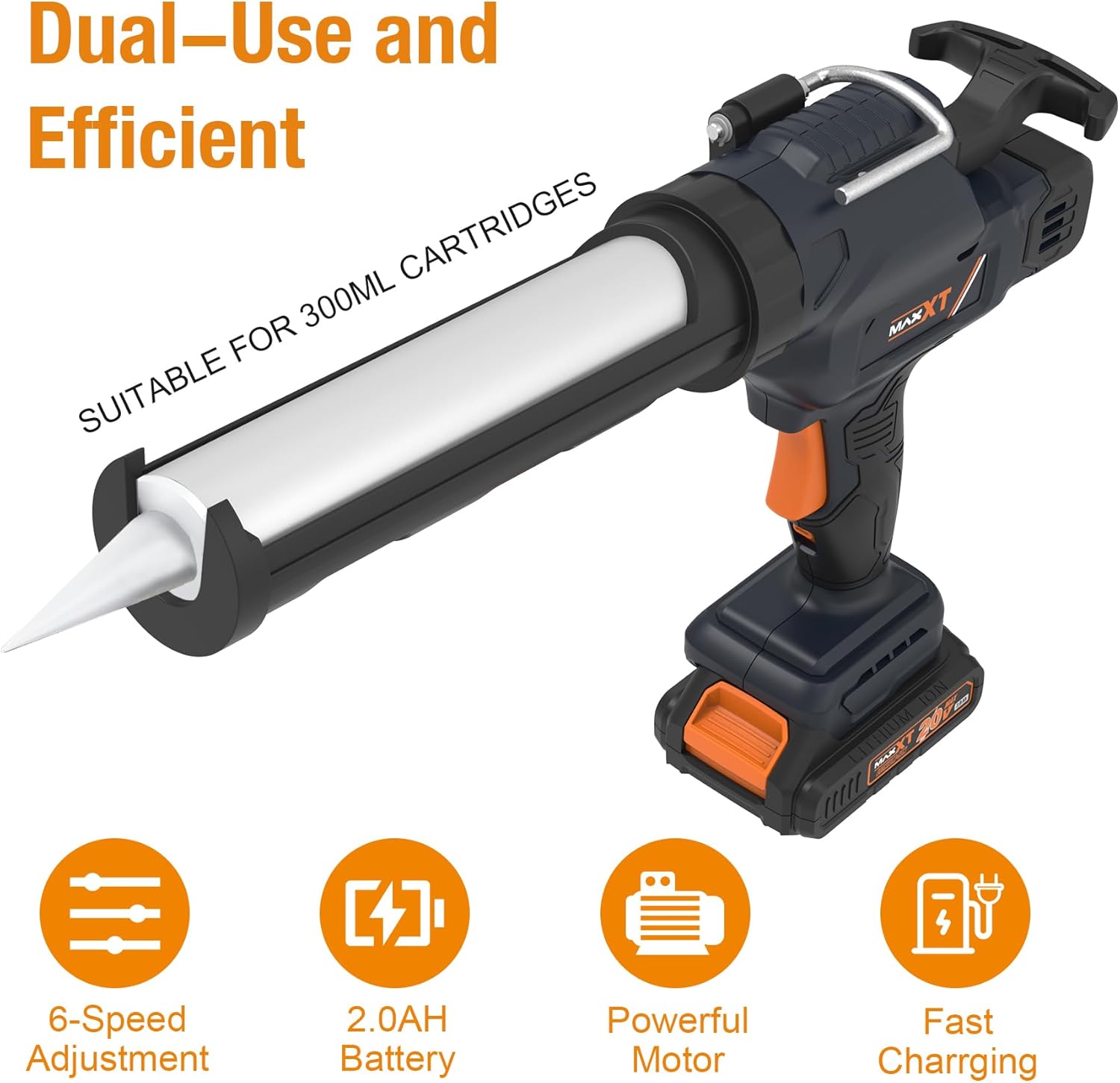 MAXXT 2-in-1 Cordless Caulking Gun - 2.0AH Battery Powered, Fits 10oz-20oz/300-600ml Cartridges & Sausage Packs, Anti-Drip Auto Retract, 6 Adjustable Speeds for Filling Sealing Repair