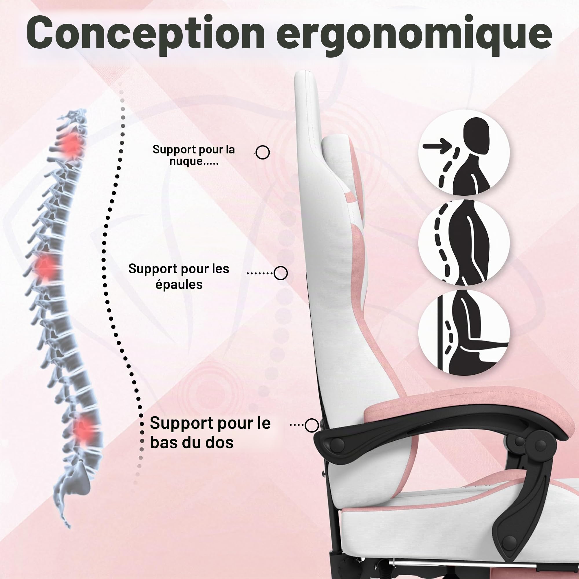 YRHome Chaise de gaming réglable en hauteur avec oreiller, coussin lombaire à vibrations, repose-pieds et accoudoirs, chaise de gamer ergonomique, surface en velours rose