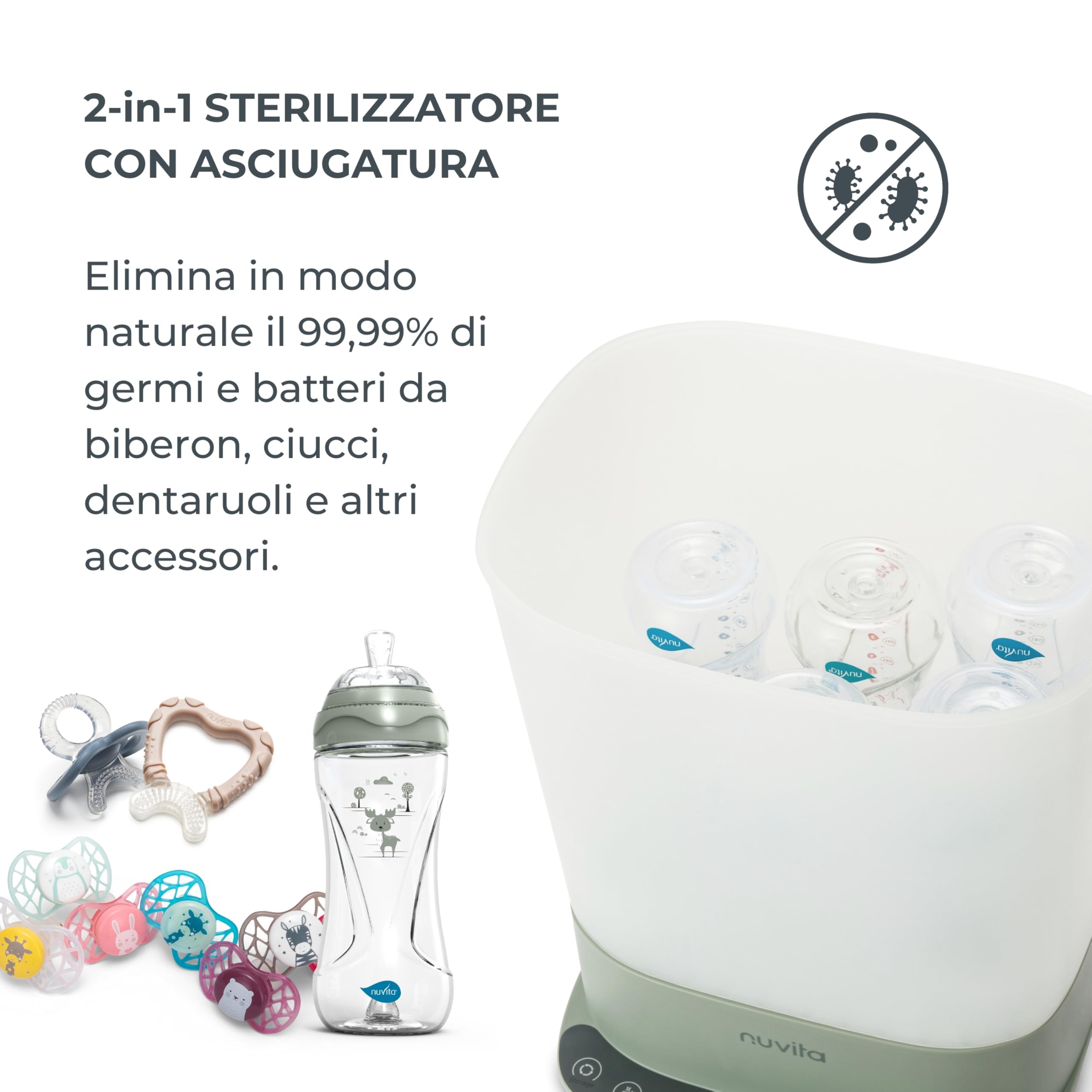Nuvita 1088 SteriDry 2-in-1 Sterilizzatore e Asciugatore per Biberon - Sterilizzazione a Vapore 99,99%, Filtro HEPA per Asciugatura Purificata, Conservazione Sterile 72H, Grande Capacità, Timer