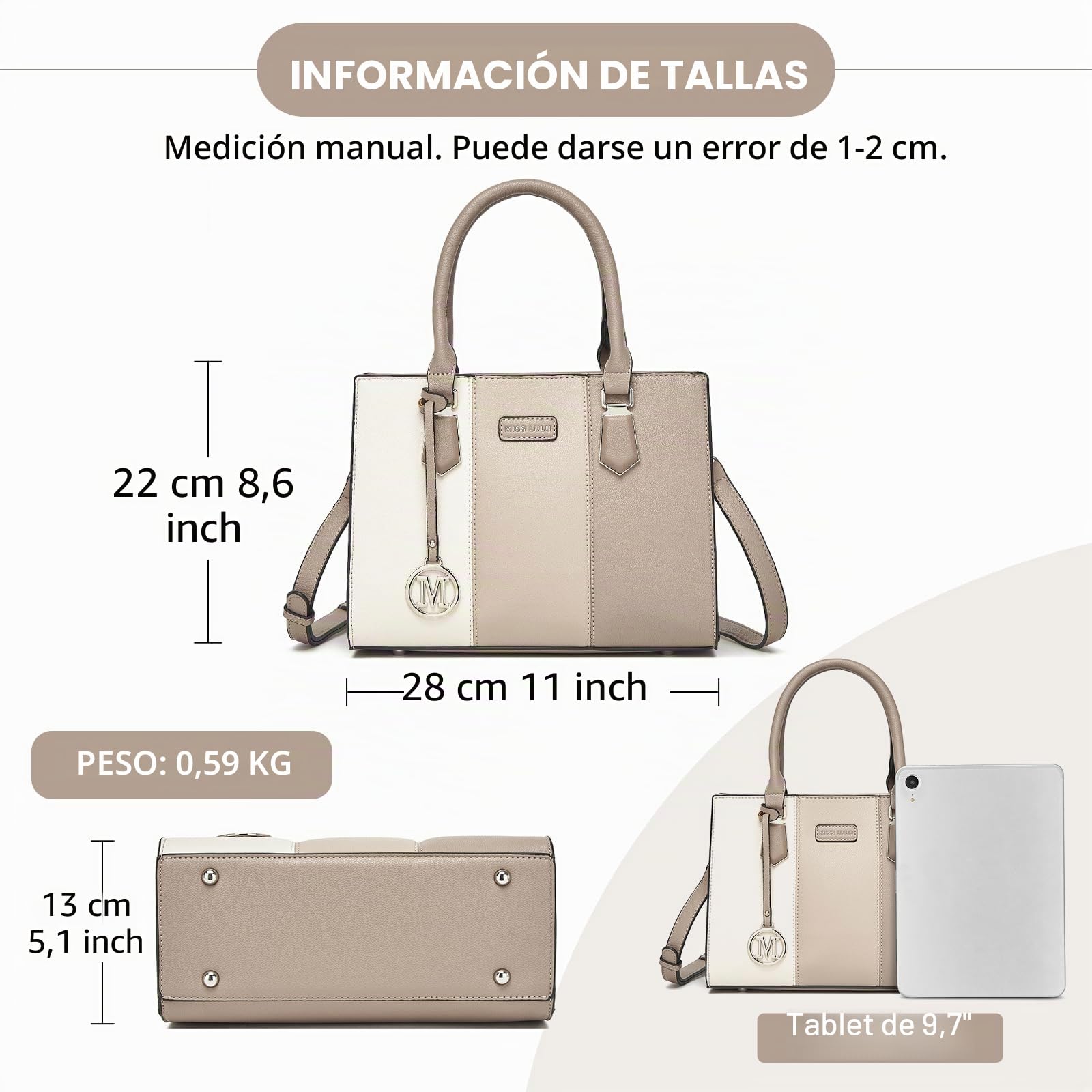 Miss Lulu Bolsos de Mujer,Bolso de Mano Tri-color en Material PU,Ideal para Estudiar Trabajar y Uso Cotidiano