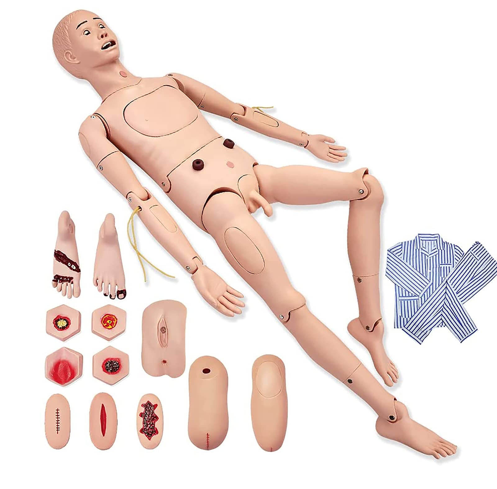 Model Edukacyjny, Manekin Do Szkolenia Opieki Nad Pacjentem, Męski Model Anatomiczny Z Tworzywa Pvc Z Wymiennymi Genitaliami, Ubraniami, Modułem Na Odleżyny, Modułem Na Urazy I Torbą Do Przechowywani