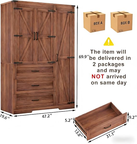3 Door Armoire Wardrobe Closet Cabinet with 3 Drawers and Drawers, Farmhouse Bedroom Armoire with Hanging Rod and Adjustable Shelves, Large Capacity Storage Wardrobe Armoire for Bedroom, Brown