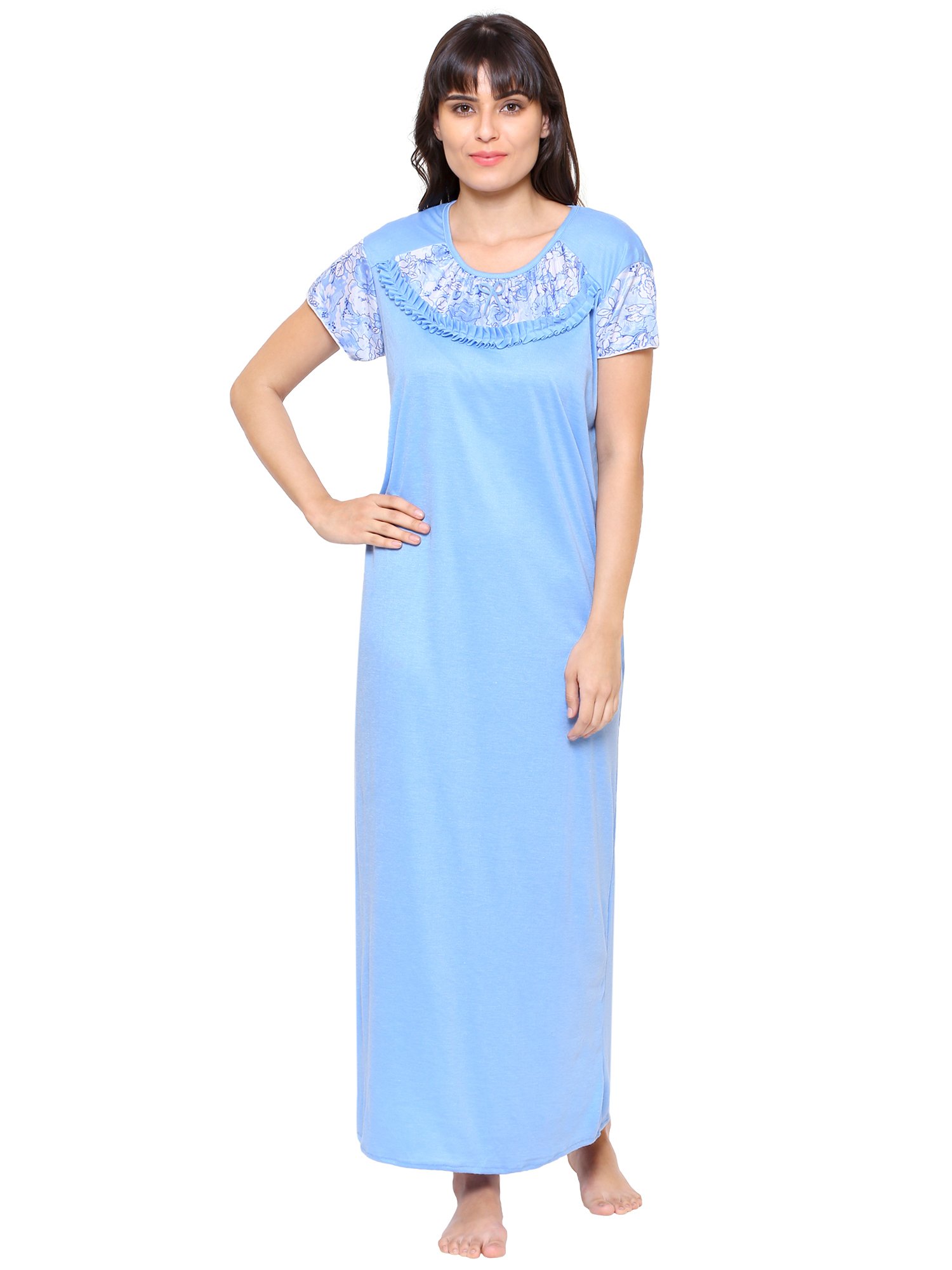 KlamottenBlue Printed Women Maxi Nightwear
