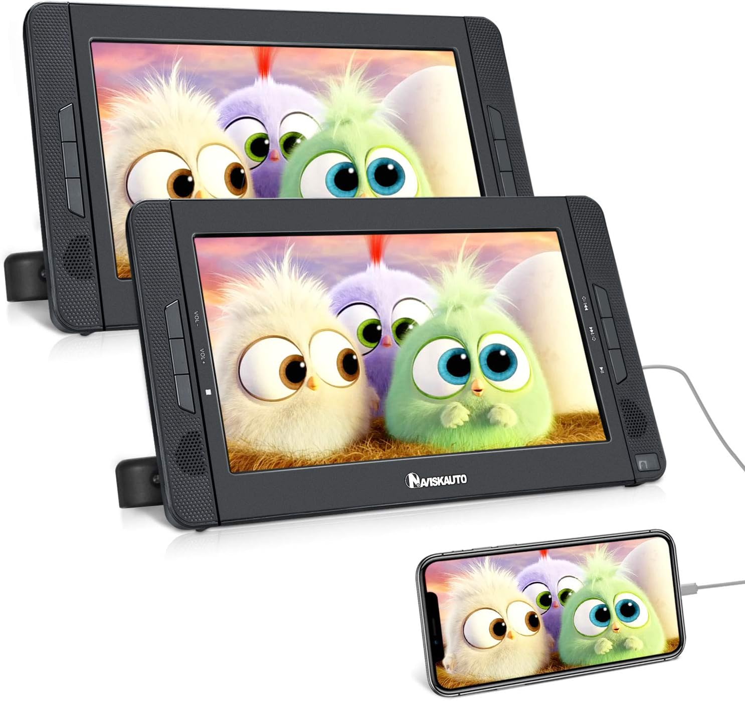 NAVISKAUTO 2 10.1 Inch Portable DVD Player with 5 Hours of Playback - Car Headrest Monitor, 1024 x 600 HD Screen, Headrest Mount, SD / USB, AV IN / OUT 12 V