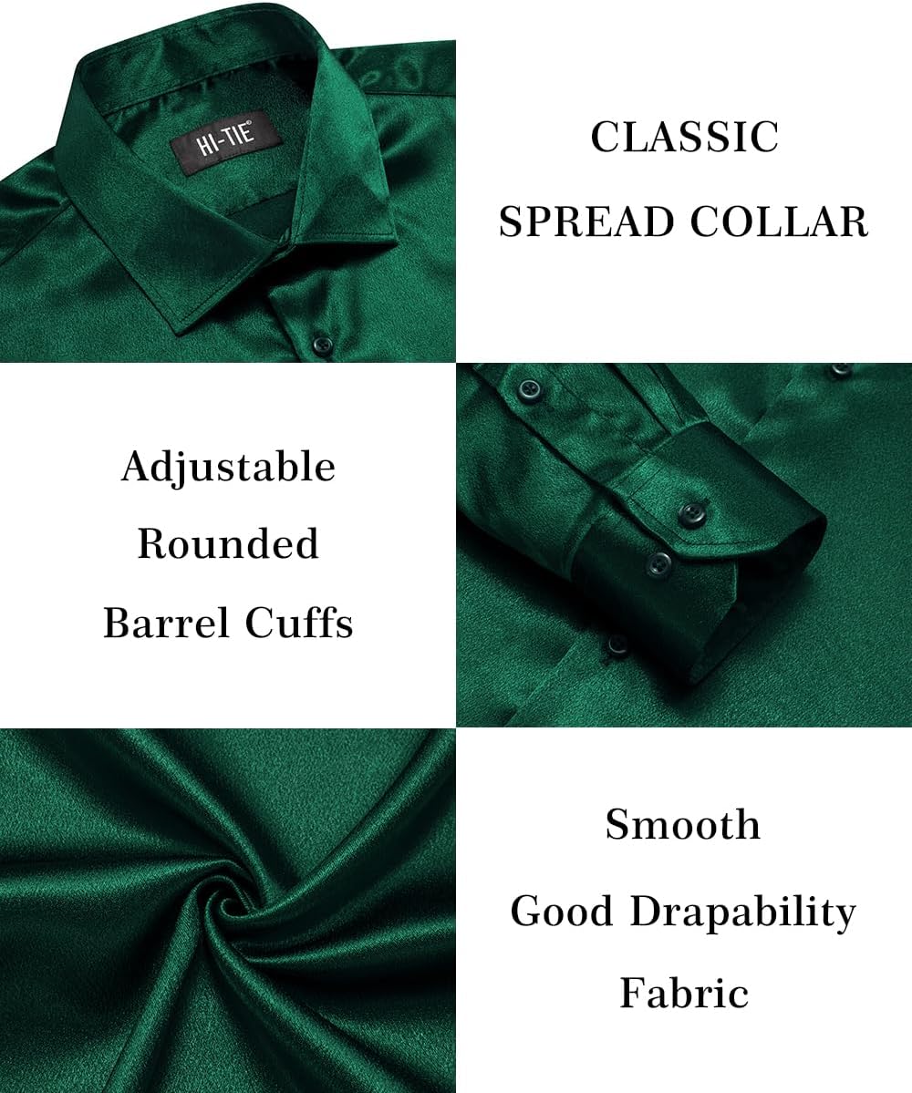 Hi-Tie Mens Satin Dress Shirt Long Sleeve Button Up Casual Luxrury Silk Shiny Prom Party Shirt - Image 5