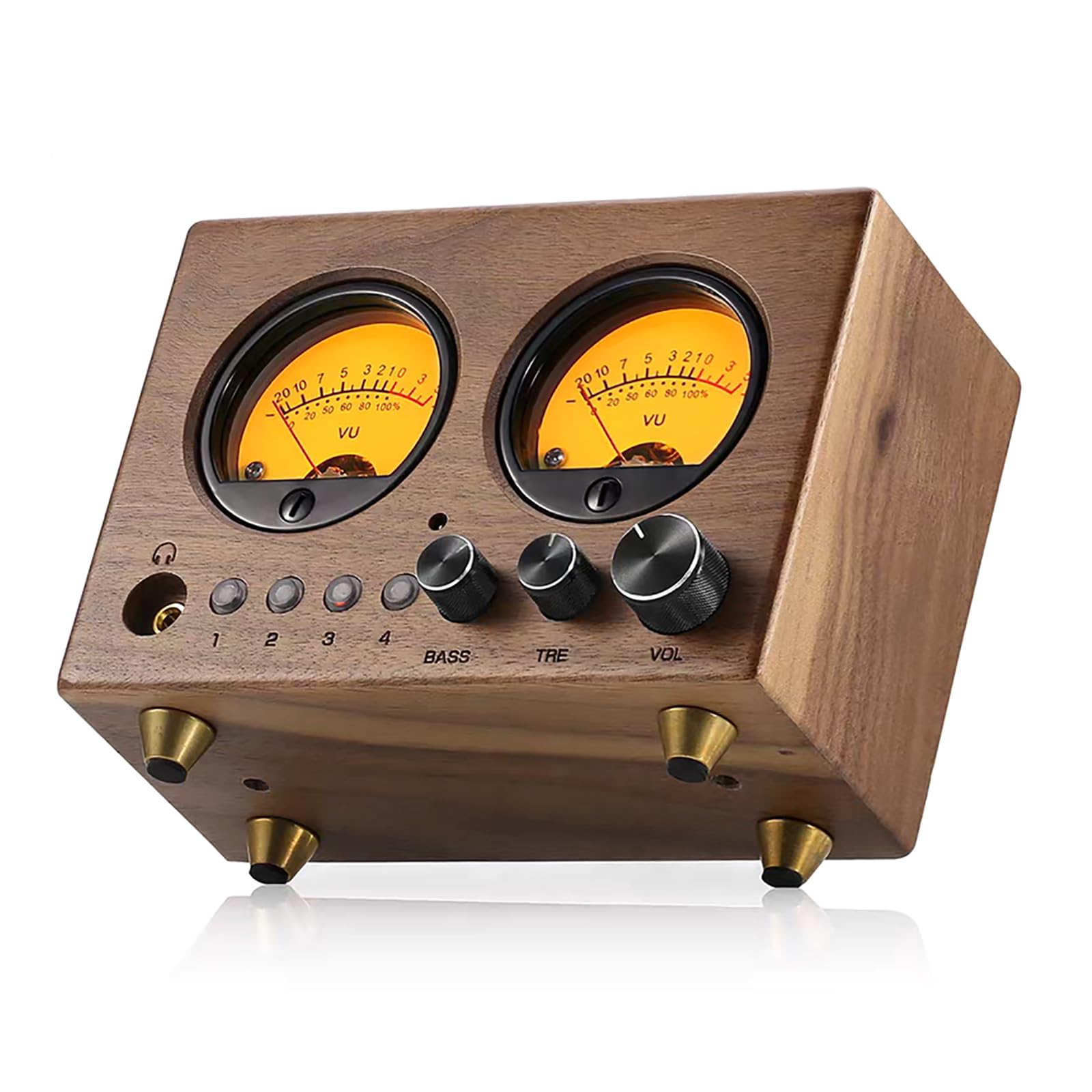 Vintage VU Meter przedwzmacniacz z pilotem zdalnego sterowania, 4 kanały wejściowe, przetwornik mikrofonu, regulacja tonów wysokich i niskich tonów do domu, biura, studia i przestrzeni rozrywkowej