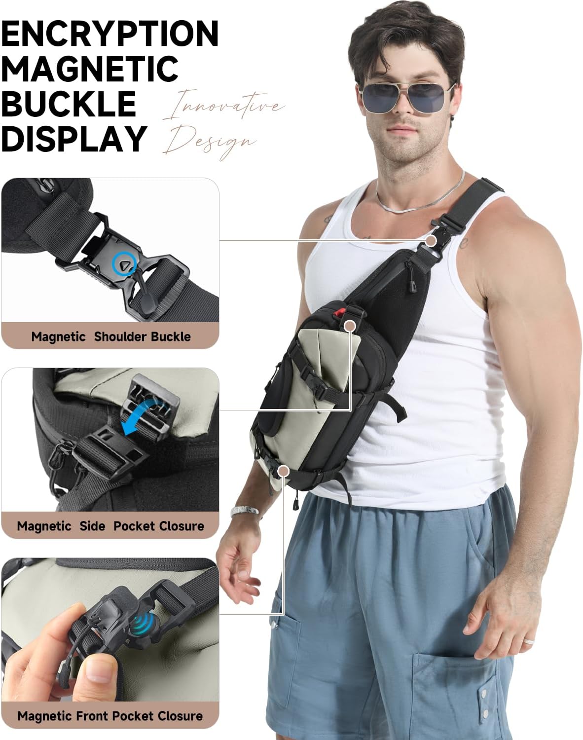 Travel Sling Bag, Anti-Theft Crossbody Fanny Pack with Magnetic Closure, Expandable Mens Crossbody Shoulder Chest Bag for Hiking Walking Running Cycling,White