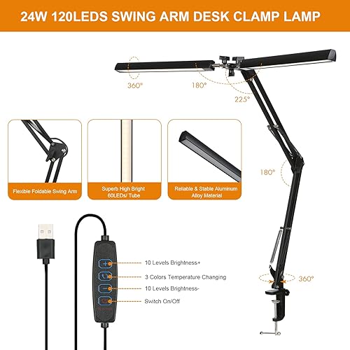 Miniatura 5 de Neoglint Lámparas de escritorio para oficina en casa de doble cabeza, modernas lámparas de mesa con brazo oscilante con abrazadera, luces de