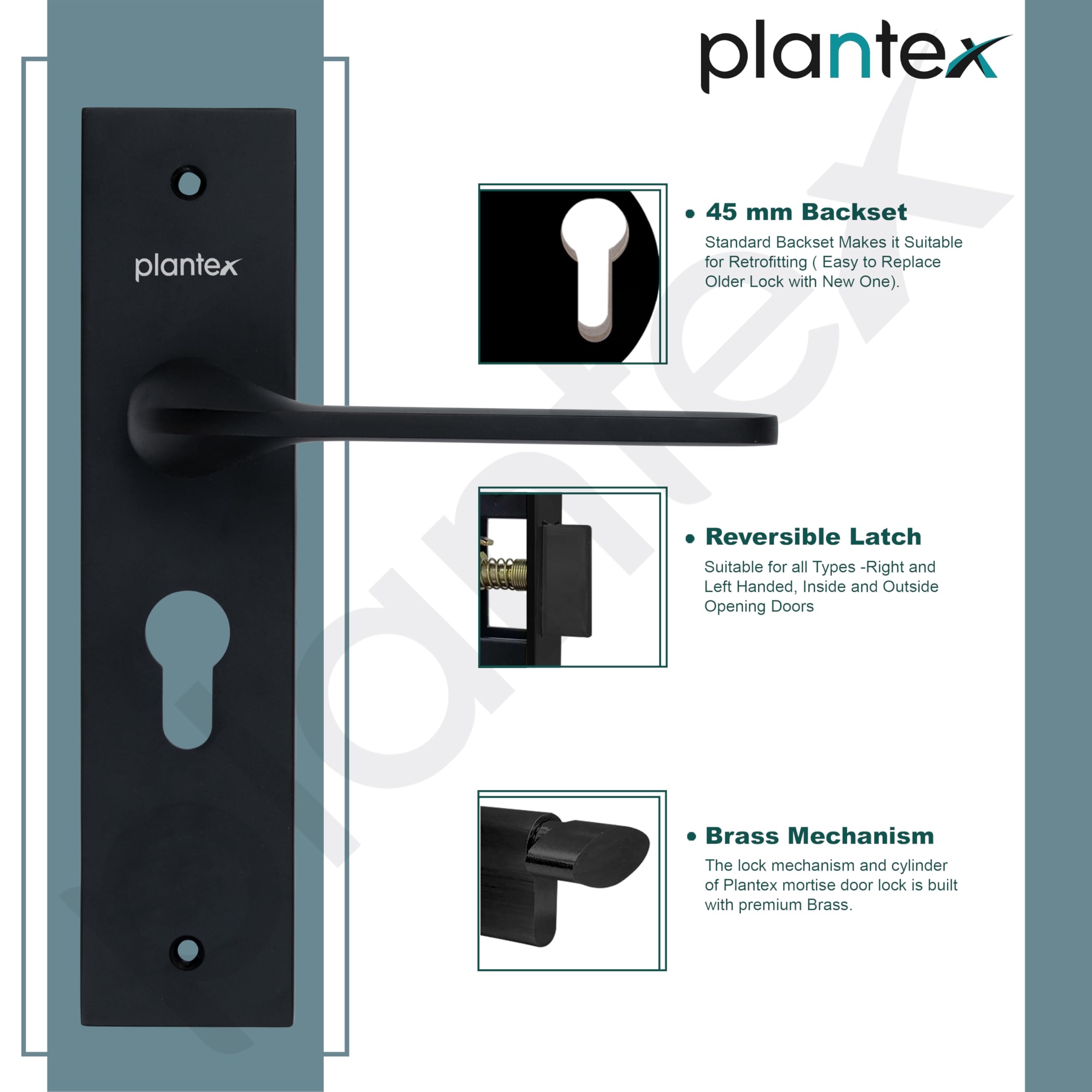 Plantex Heavy-Duty Door Lock Set - Main Door Lock Handle Set/ 6-Lever Lock Mechanism Mortise Lock with 3 Keys, Brass Lock Body & Cylinder (8060 - Z-Black) 2
