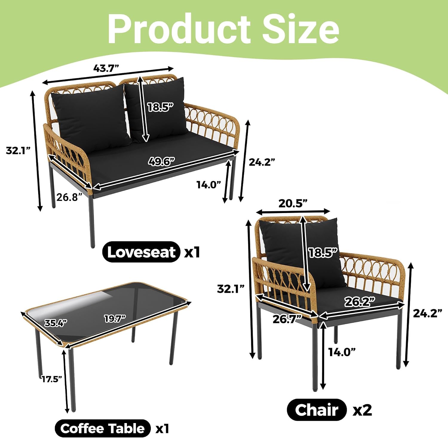 IDEALHOUSE 4-Piece Outdoor Patio Furniture Set, All-Weather PE Rattan Wicker Loveseat & Chairs with Glass Coffee Table & Steel Frame, Boho Conversation Set for Patio, Balcony, Backyard, Black