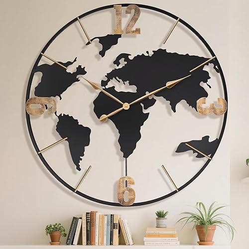 Miniatura 10 de Reloj de pared grande de 24 pulgadas, reloj decorativo moderno y silencioso de metal con mapa mundial para decoración de sala de estar, gran reloj