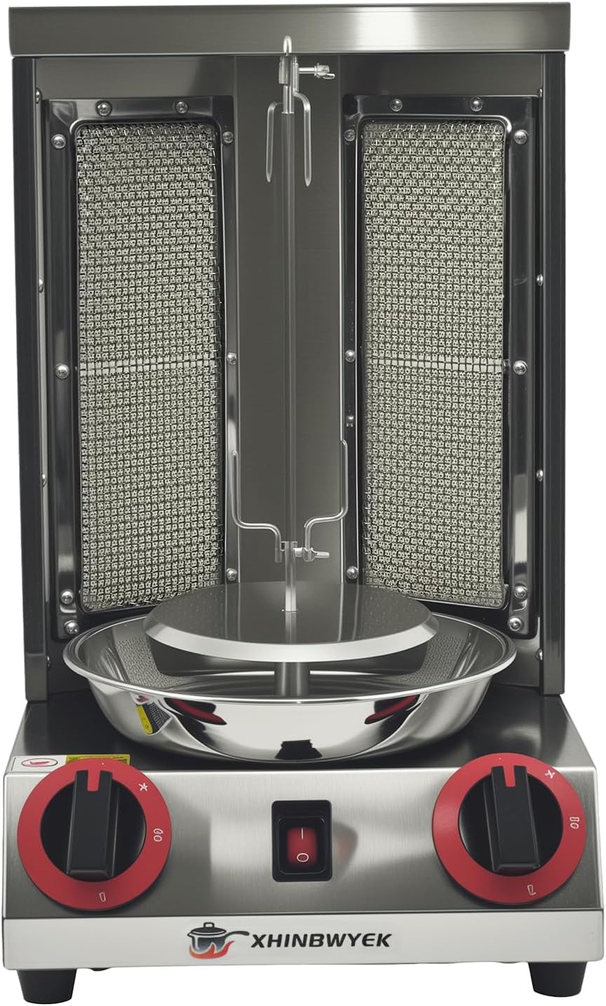 Shawarma Grill Machine Oven Rotisserie Kebab Turkey Machine, trompo para tacos al pastor，Automatic Rotation, 2 Propane Controls Up to 750°F/400℃,Vertical Skewers, Stainless Steel 110V