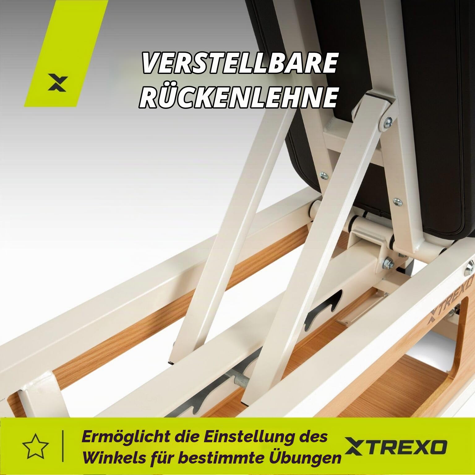 XTREXO Storage Sylwan – verstellbare Bank für Krafttraining, Stahl-Holz-Konstruktion, bequeme Rückenlehne mit Schaumstoffpolsterung, für Brust-, Bizeps- und