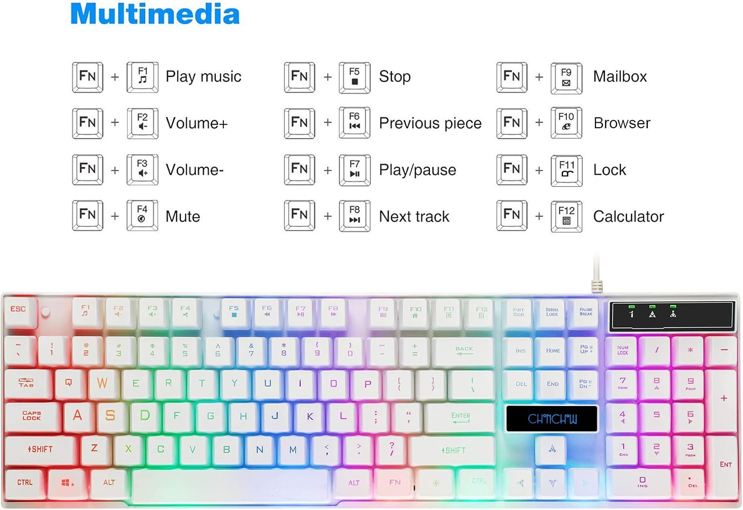 LED Backlit Wired Keyboard and Mouse Gaming Combo Mechanical Feeling Rainbow Backlight Emitting Character 3200DPI Adjustable USB Mice Compatible with PC Raspberry Pi iMac TDW910(White)