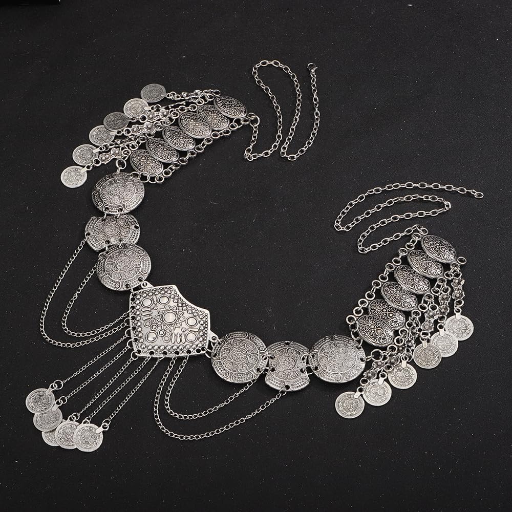 Wiwpar Antique Silver Women Chain Dress Belt Vintage Waist Chain Belt Long Tassel Chain Coin Pendent Belly Belt Body Chains Jewelry Accessories for Women (Silver)