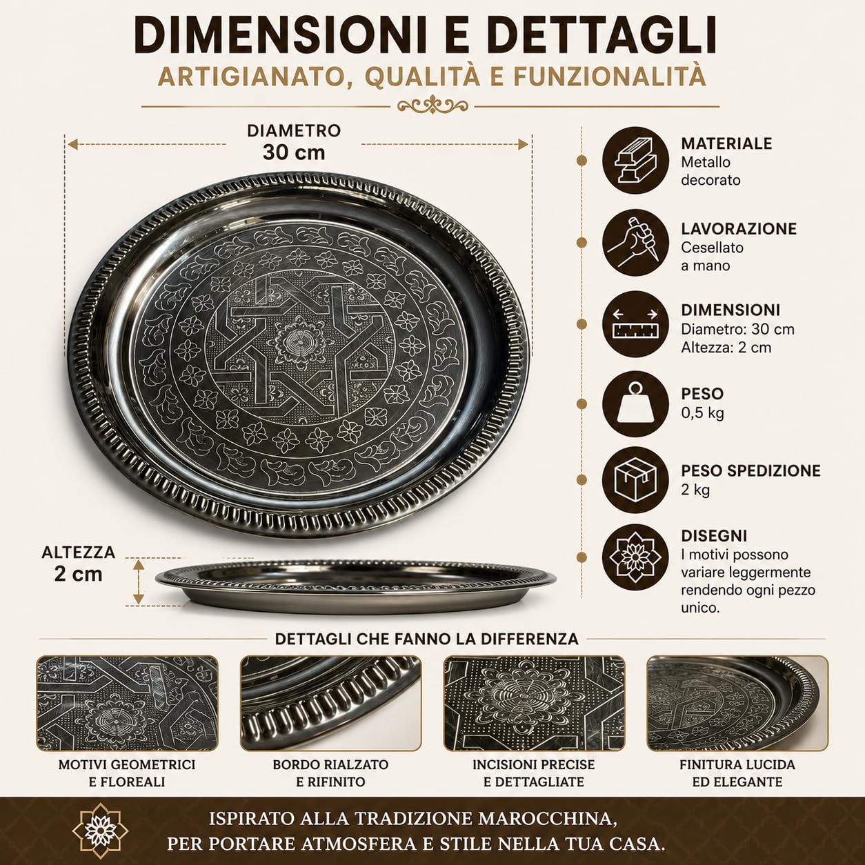 Vassoio Marocchino in Metallo Cesellato a Mano, Rotondo, Stile Orientale, Ø 30 cm, per Tè e Decorazione
