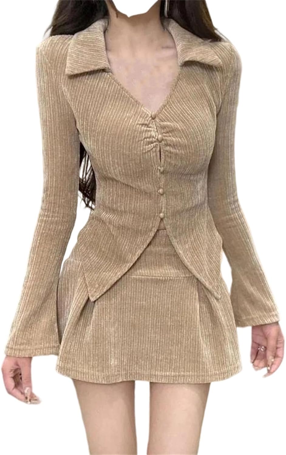 Women's Fashion Turn Down Collar Long Flare Sleeve Single Breasted Button Shirt And Elastic Waist Above Knee Irregular Skirt
