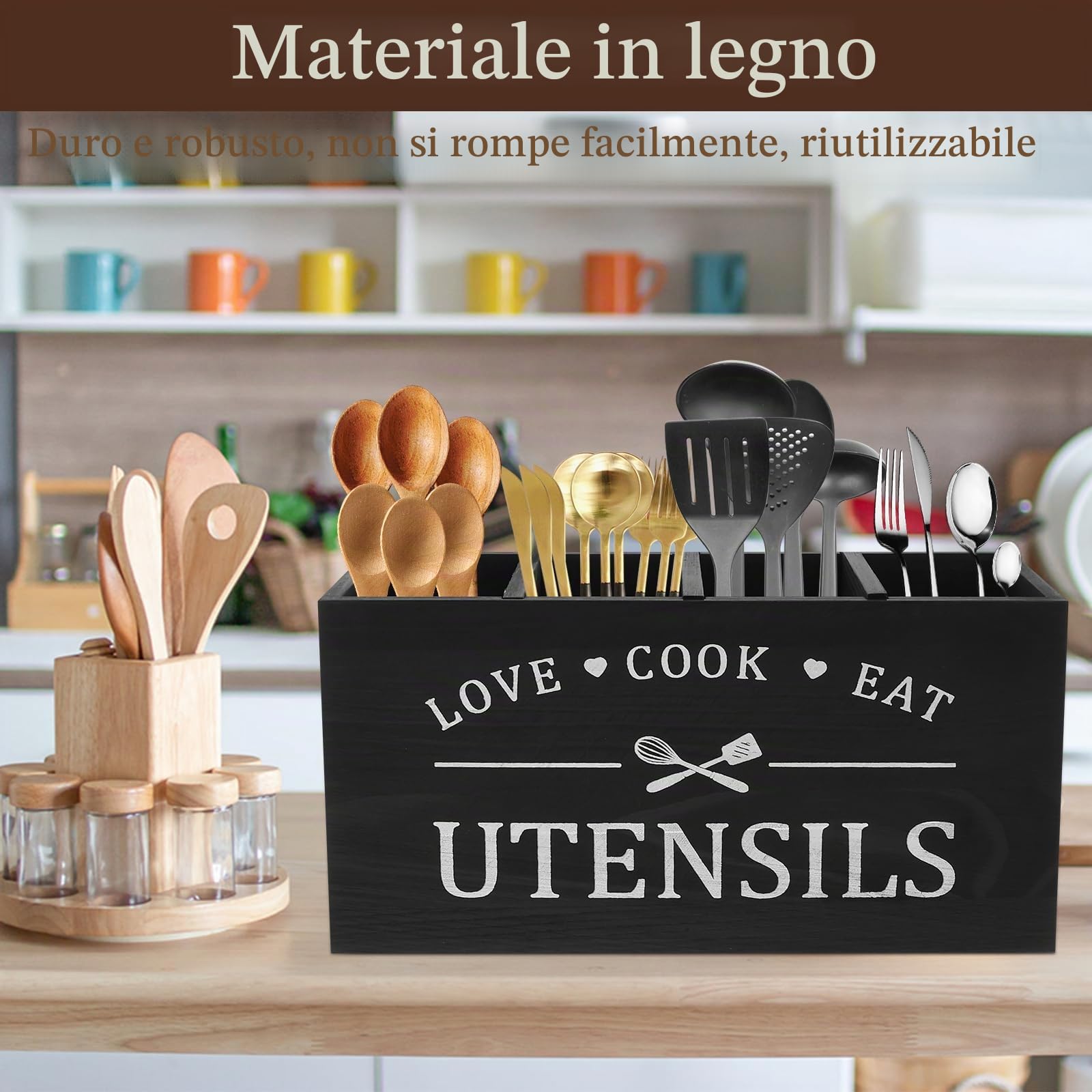 portautensili in legno rustico da cucina, organizer con 4 scomparti e fondo di drenaggio, organizer per posate, organizer per utensili da fattoria (nero)