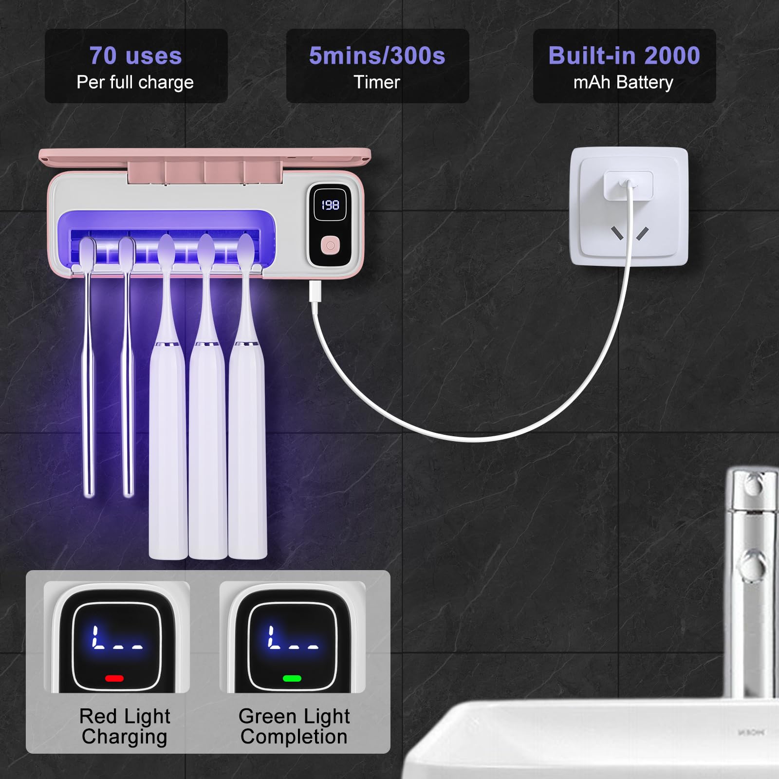 Soporte para cepillo de dientes San itizer, soporte para cepillo de dientes de pared con luz, 5 ranuras, soporte para cepillo de dientes recargable, funda para cepillo de dientes con secado al aire