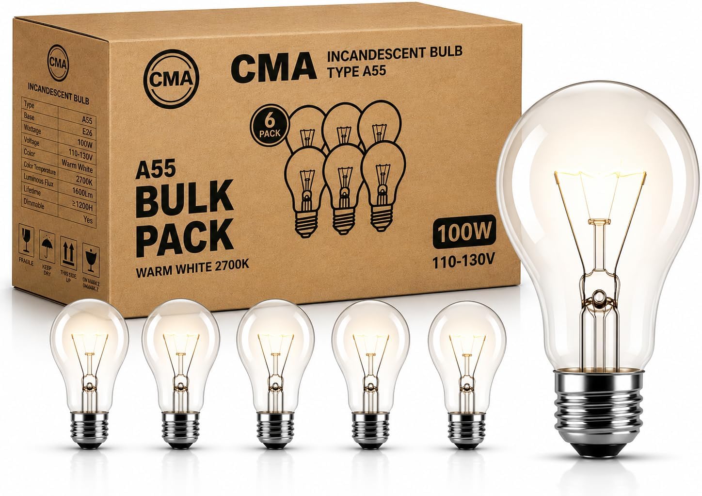 CMA Traditional Style GLS Bulb 100 Watt Incandescent Bulb E26 Base,110-130V, Warmwhite 2700K,1300 Lumens, A19 Shape, Dimmable, Classic Old Style Service Light Bulb, Indoor Use X 6 Pack