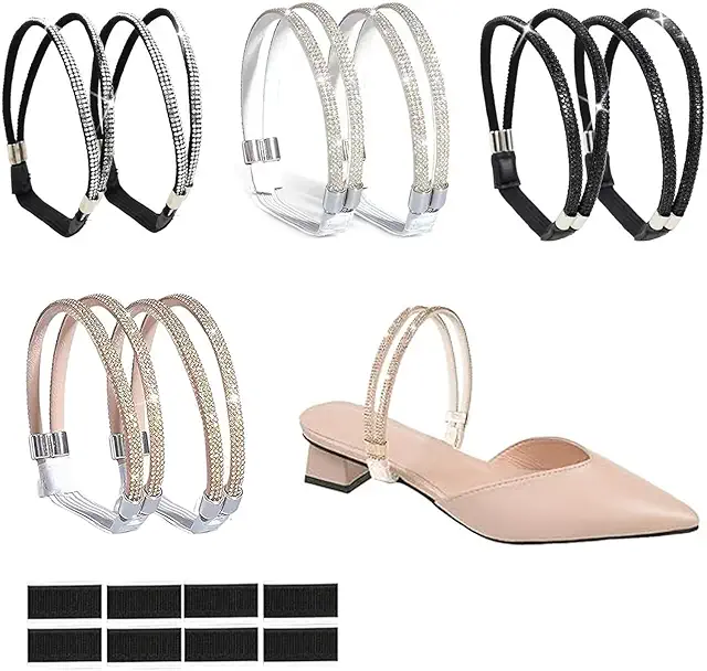 4 Paia Cinturini Elastici Glitterati per Scarpe con Tacco, Anti-Scivolamento - Bianco, Nero, Oro Rosa