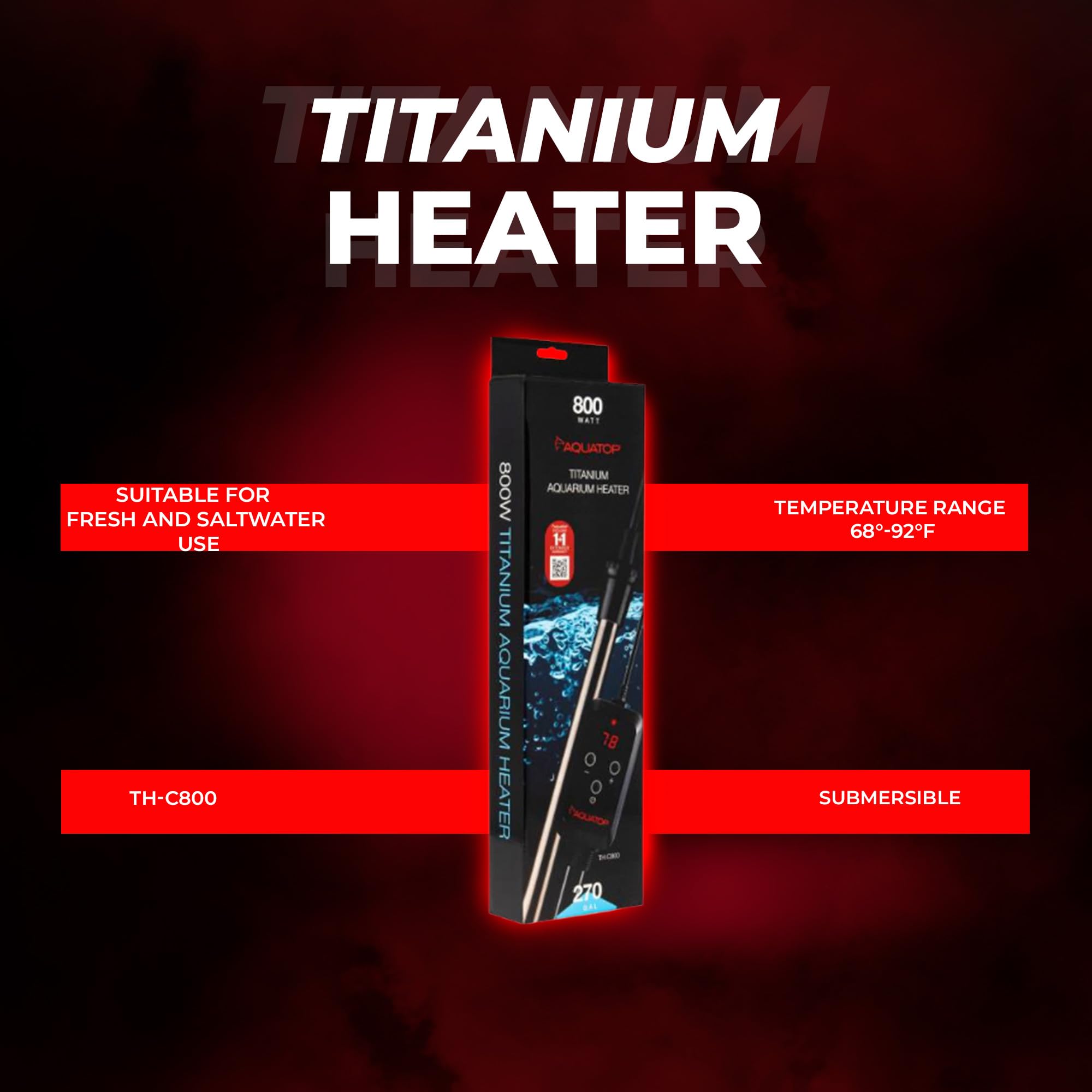 Aquatop TH-C800 - Calentador de titanio de 800 W con controlador, sumergible para tanques de hasta 270 galones, ajustable de 20.0 a 33.3 °C, duradero para peces y tortugas grandes, TH-C800