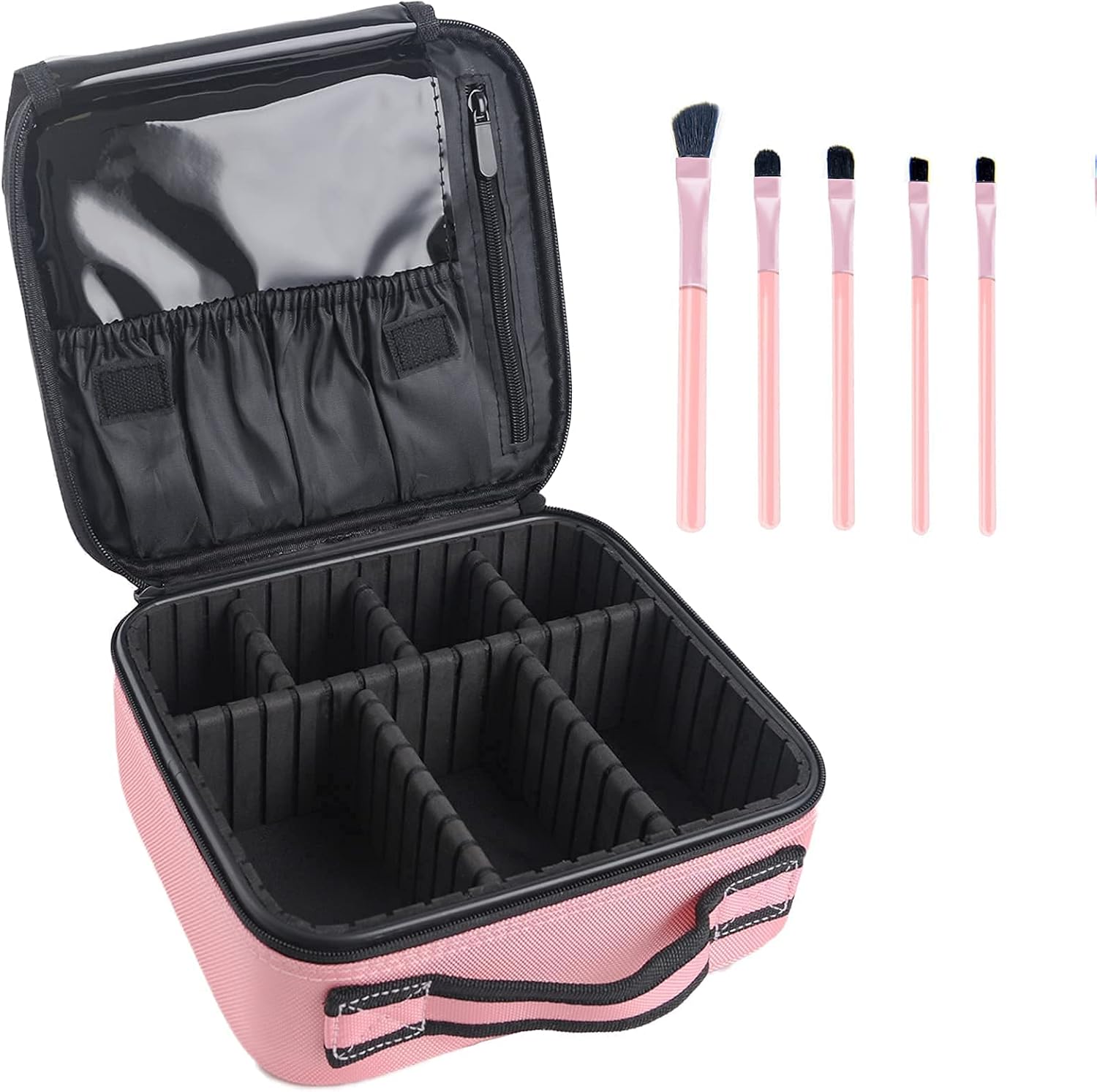 Travel Makeup Case, Cosmetic Bag Makeup Box with 5 Brushes, Large Professional Portable Cosmetic Make up Organizer with Adjustable Dividers for Makeup Accessories, Brush Holder Storage Bag (Black) : Beauty & Personal Care