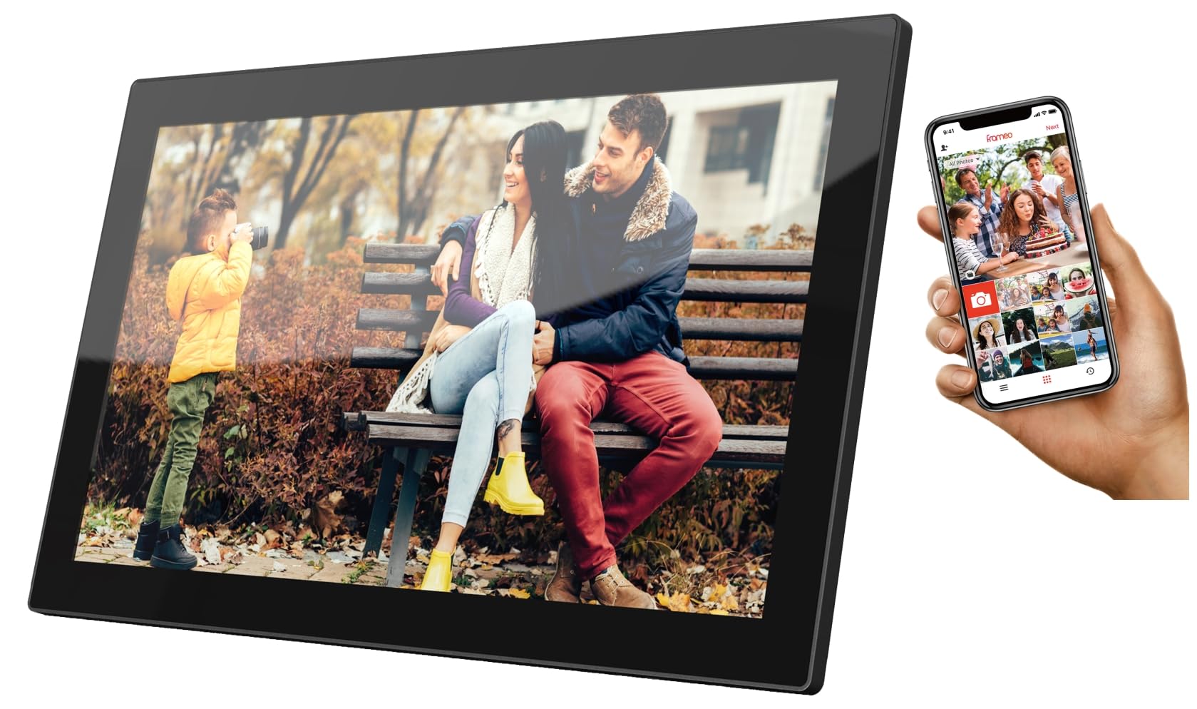 Cytem Digitaler Bilderrahmen 21.5 Zoll mit WLAN & Frameo App, 64GB Speicher, Bewegungssensor, automatische Bilddrehung, IPS Touchscreen 1920x1080, Schwarz