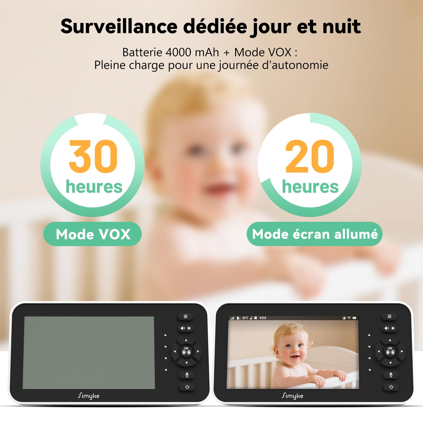 Simyke Moniteur Vidéo pour Bébé, 2 Caméras, Écran IPS 5'' HD, Contrôle App, Vision Nocturne, Alertes Mouvement, Conversation Bidirectionnelle, Accès Multi-Utilisateur, Sécurité Triple