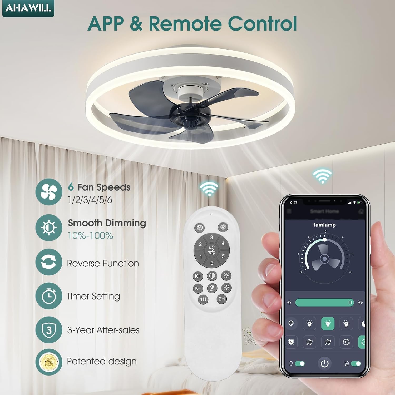 AHAWILL Moderne Deckenlampe mit Ventilator Weiß 50 cm, LED Dimmbar 3000–6500K, 6 Stufen, Fernbedienung & App, Reversibel, Timer, Flacher Ventilator für Schlafzimmer (Weiß)