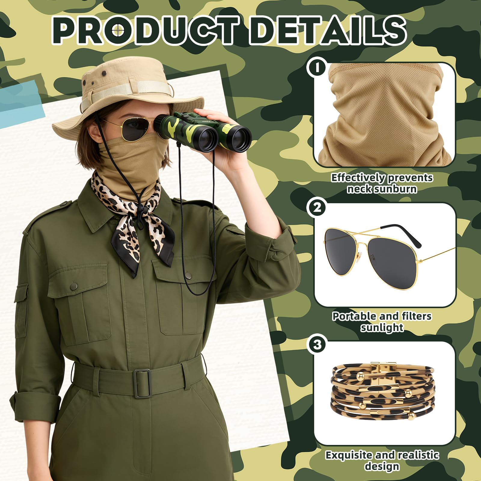 Oerphh Safari Explorer Costume Accessories Set Outfit for Women Dress Up Zoo Keeper with Hut Tarnkleidung, Fernglas - Image 4