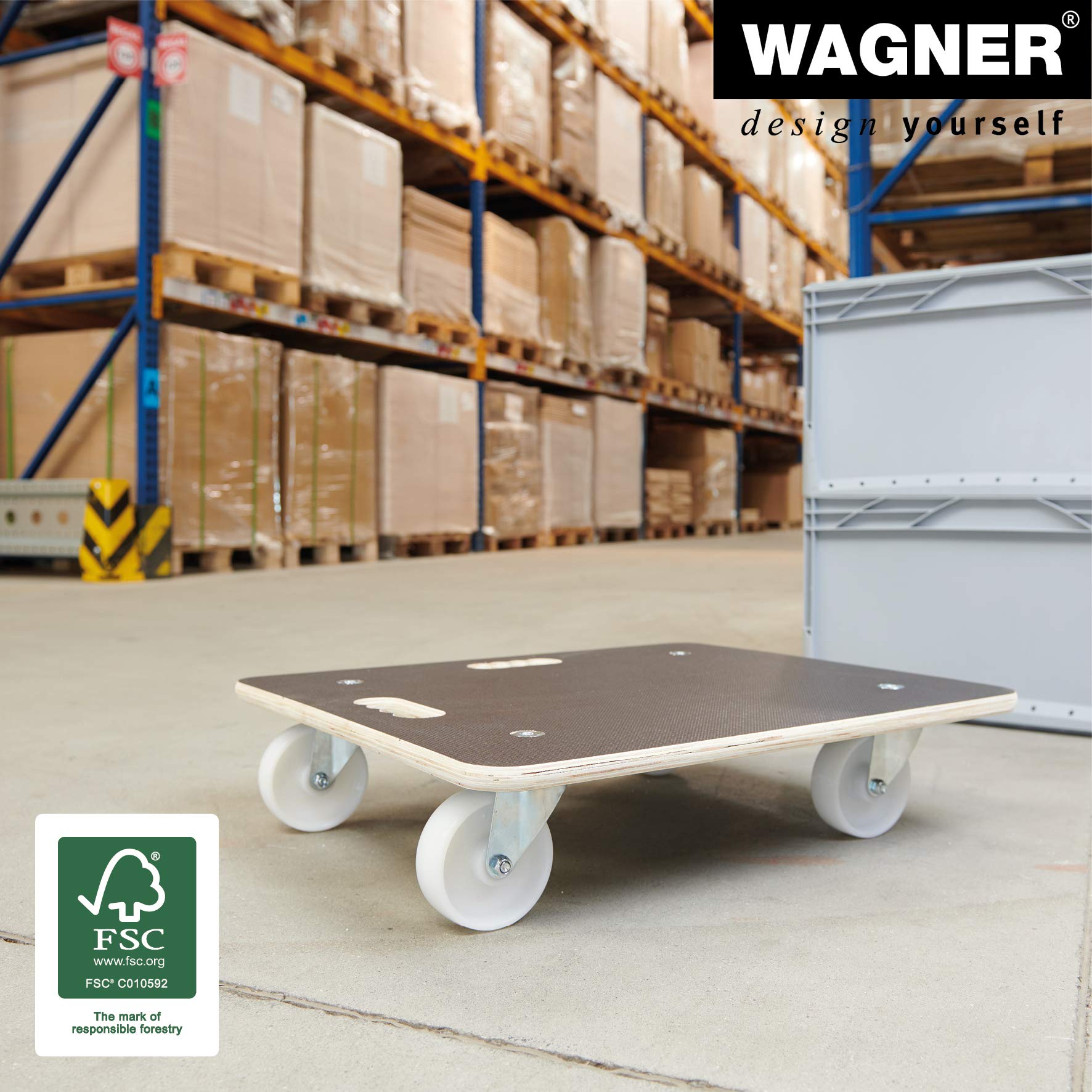 WAGNER Transportroller Transporthilfe 1113 I Schichtholz mit Grip I 59 x 49 x 13,5 cm, Tragkraft 400 kg I Möbelroller für Umzüge I Umzugsrollbrett I Schwerlastrollbrett Tragegriff I FSC® I Made in DE