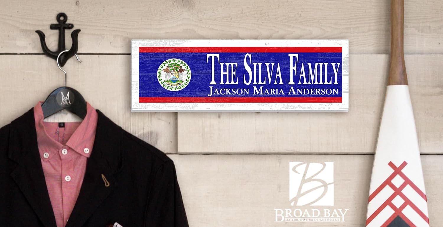 Wooden Belize Flag Sign - Custom Family Names - Personalized Heritage Plaque - 16.5in x 5.5in - Solid Wood