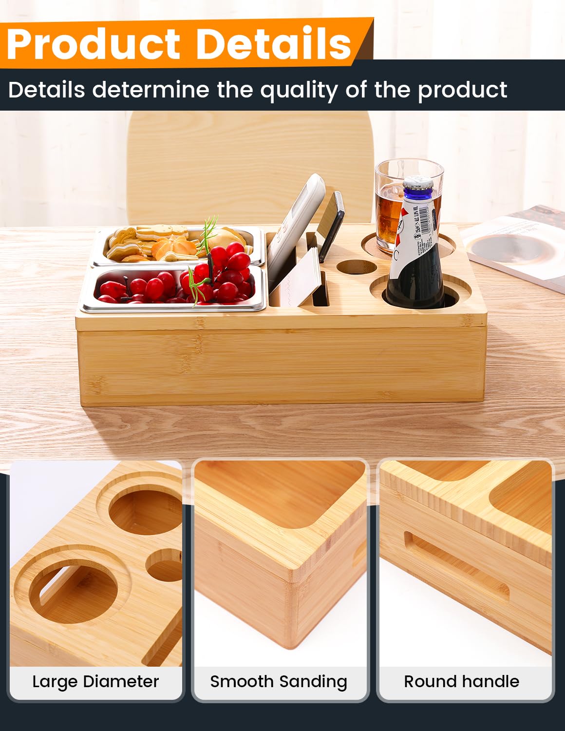 Bankbar Snackbox, snackdispenser met 3 snackschaalen, bamboebankdienblad, bekerhouder, afneembaar deksel, snackbox met vakken, bankorganizer, dienblad, bankbutler