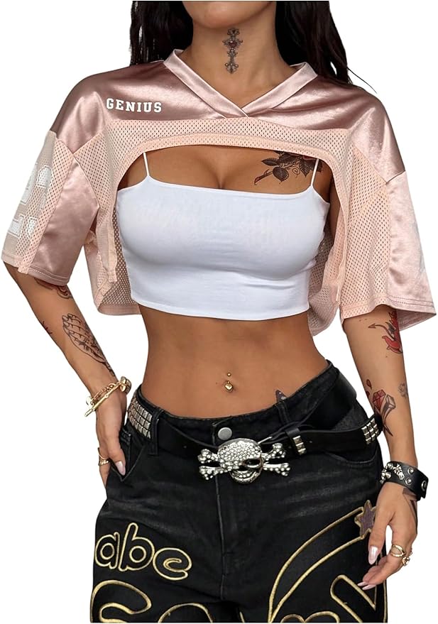 MakeMeChic Women’ S Jersey Shirts Y2k Graphic Tees Oversized Crop Tops Shrugs Streetwear Black Medium at Amazon Women’s Clothing store