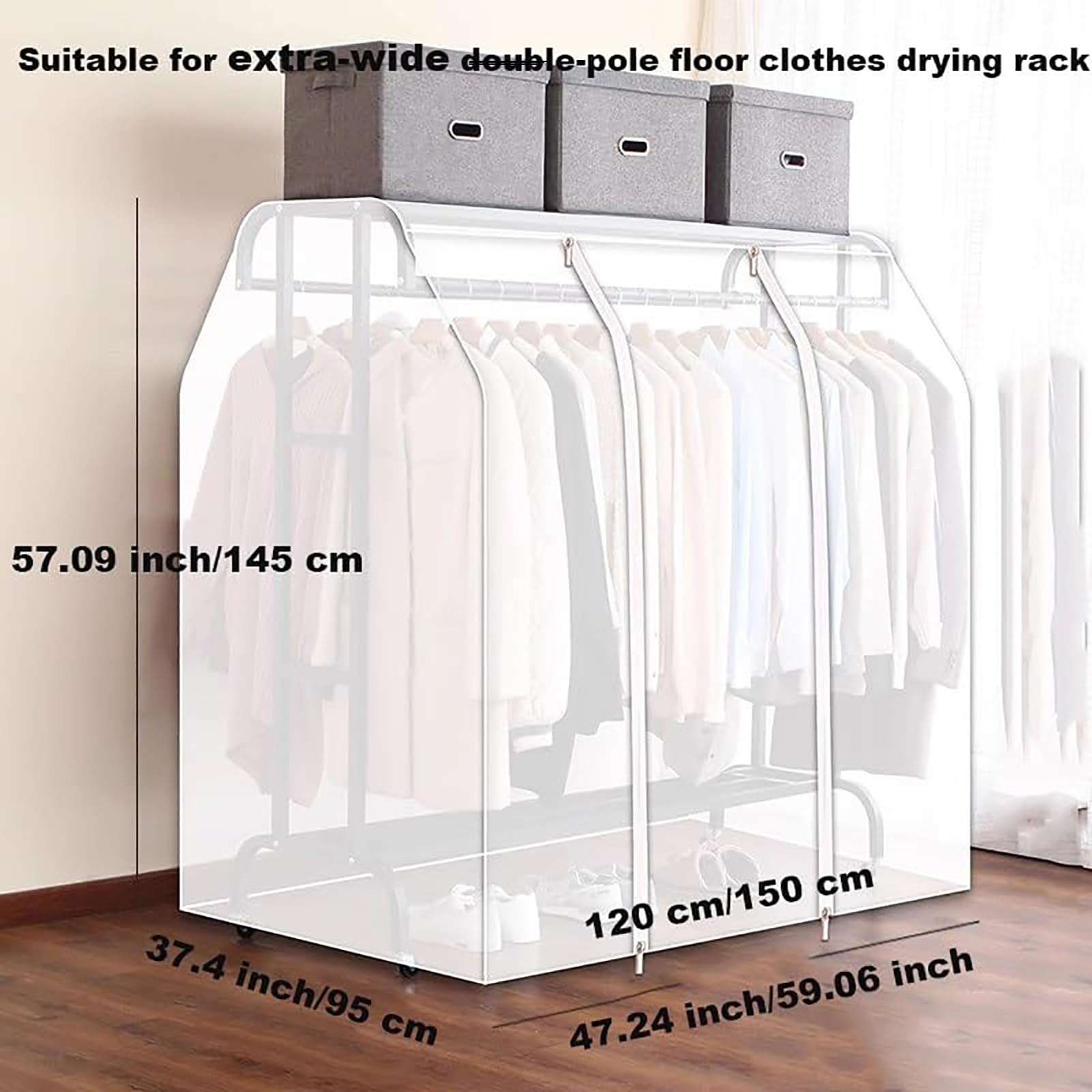 GAOXIAO Funda Burro Ropa Grande, Cubierta Antipolvo para Barras Dobles para Colgar, Transparente Funda Protectora de Ropa, Funda Perchero con Cremallera Reutilizable Transparent 150x95x145cm
